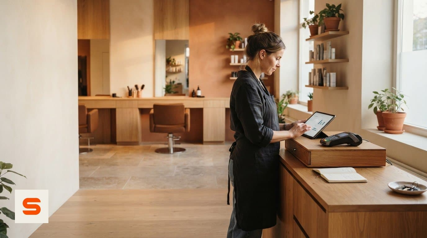 Coiffeuse clôturant sa journée sur une tablette à l'accueil d'un salon lumineux