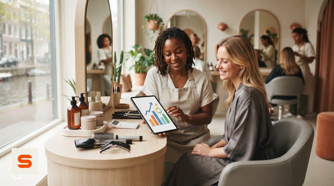 Salon professional discussing figures on a tablet with a client