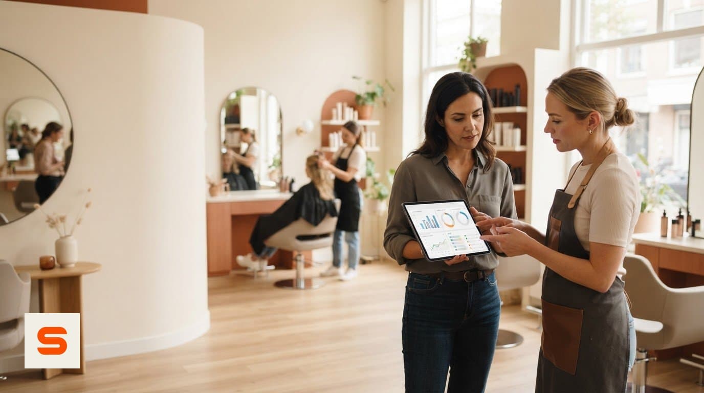 Deux membres de l'équipe d'un salon consultent des chiffres sur une tablette