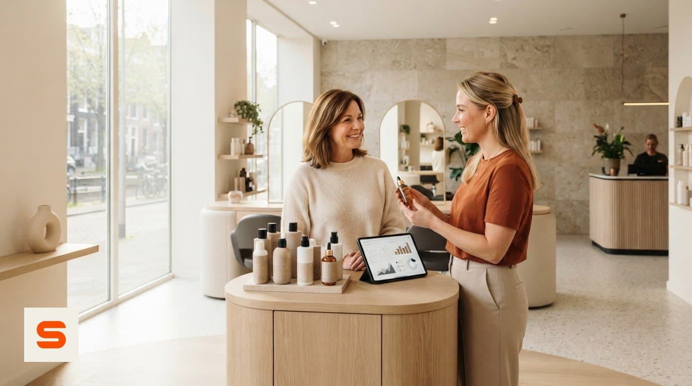 Salon professional advising a client at the counter with care products and a tablet showing figures
