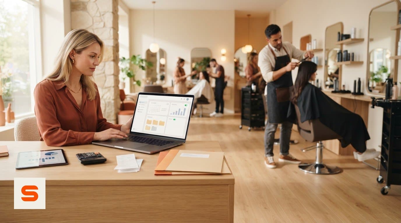 Titolare di un salone che lavora alla documentazione al portatile con report e cartelle mentre in sottofondo una cliente si fa tagliare i capelli