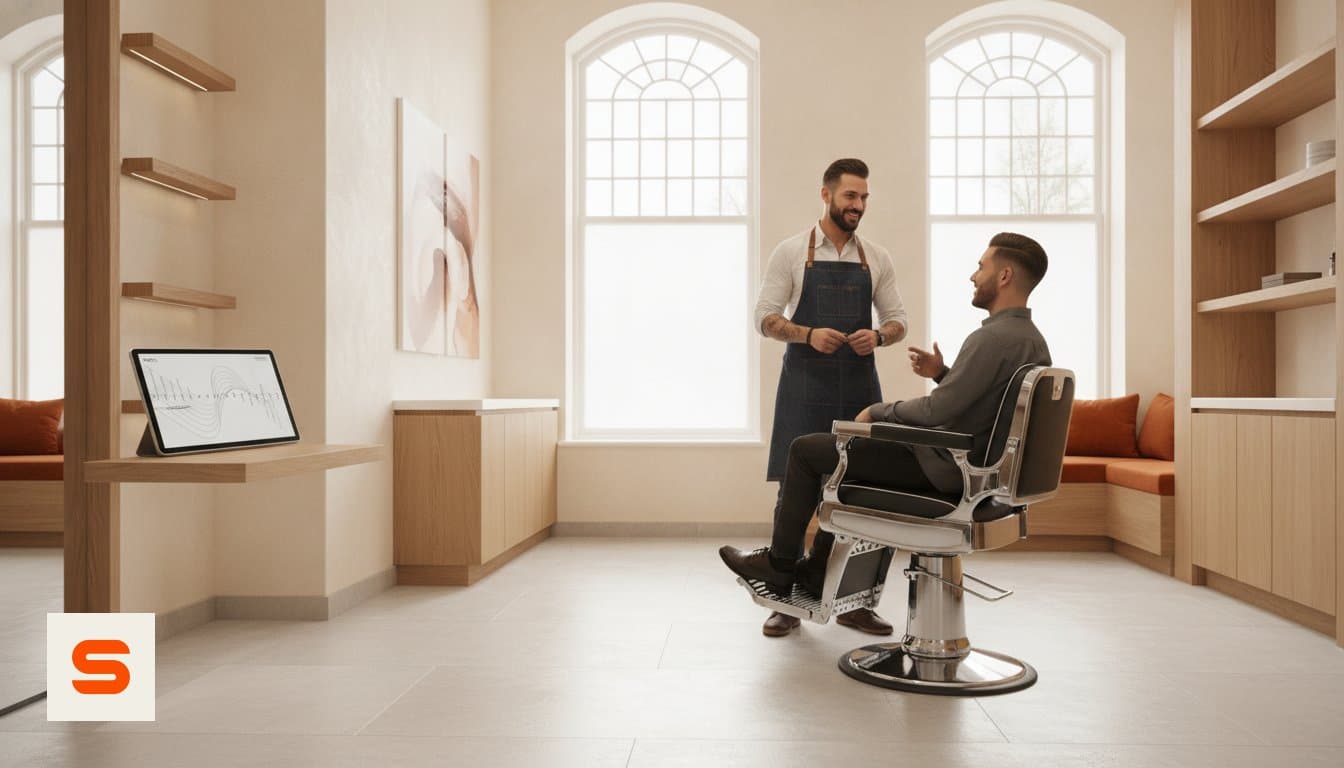 Barbier im Gespräch mit einem Kunden im Stuhl, daneben ein Tablet auf der Werkbank