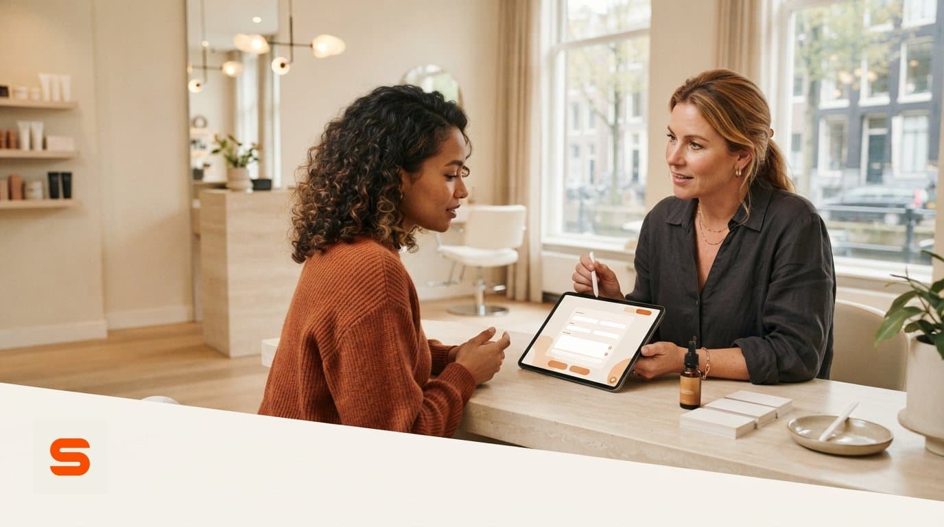 Salon professional going through a digital intake form with a client on a tablet