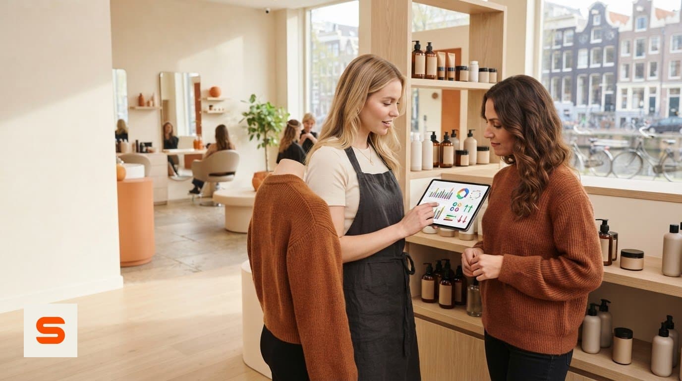 Funcionária do salão a analisar números de vendas num tablet junto à prateleira de produtos