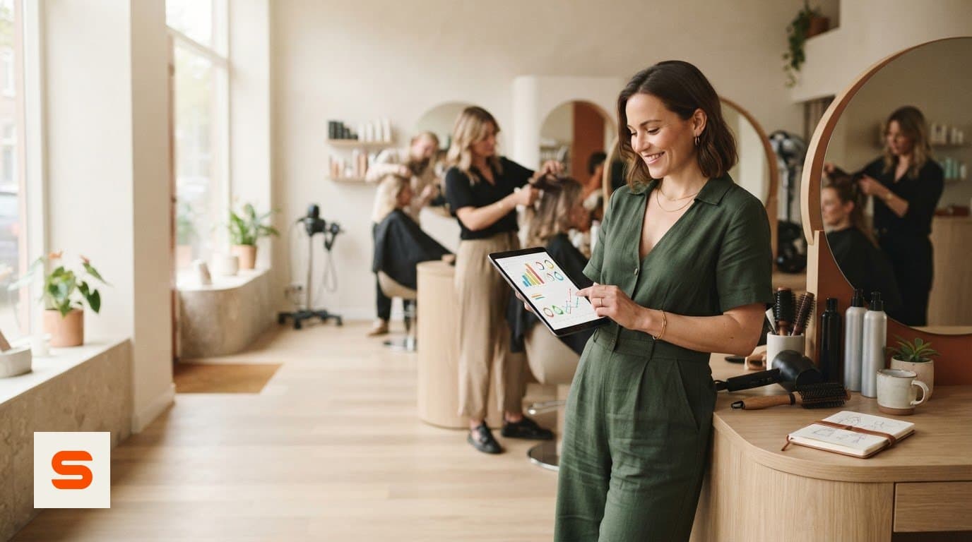 Dona de um salão a analisar os números anuais num tablet no cabeleireiro