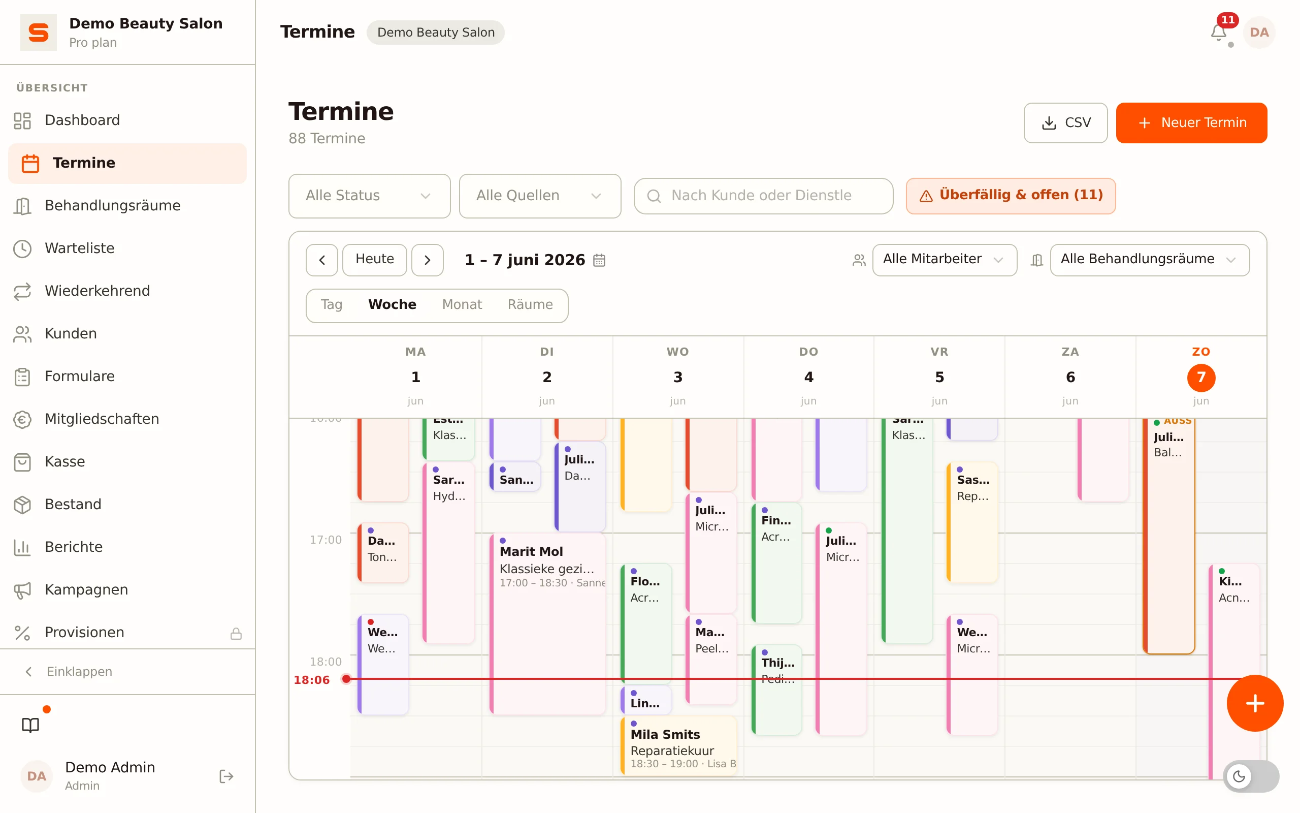 Wochenkalender mit Terminen pro Mitarbeiterin in Salonnare