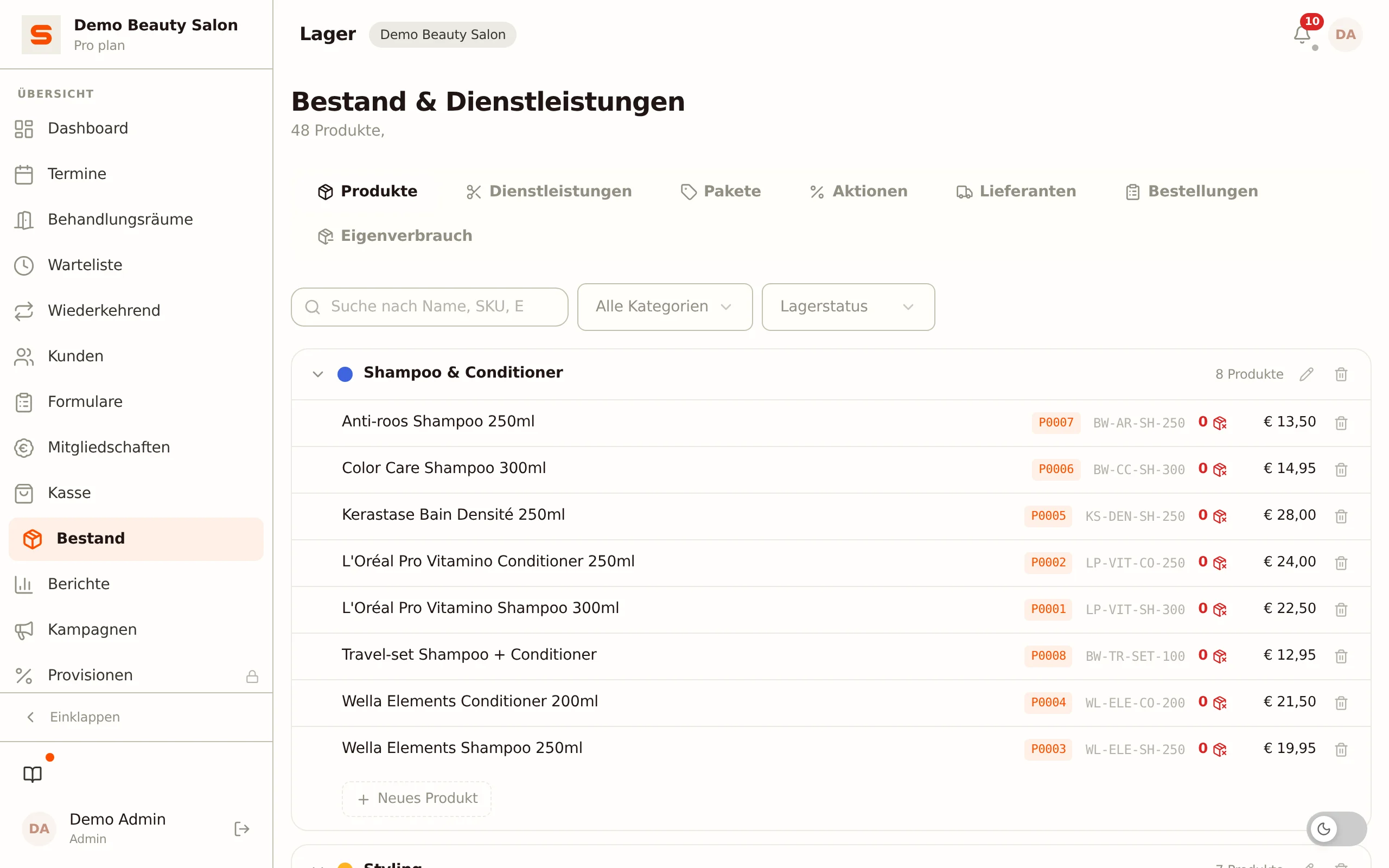 Bestandsübersicht in Salonnare
