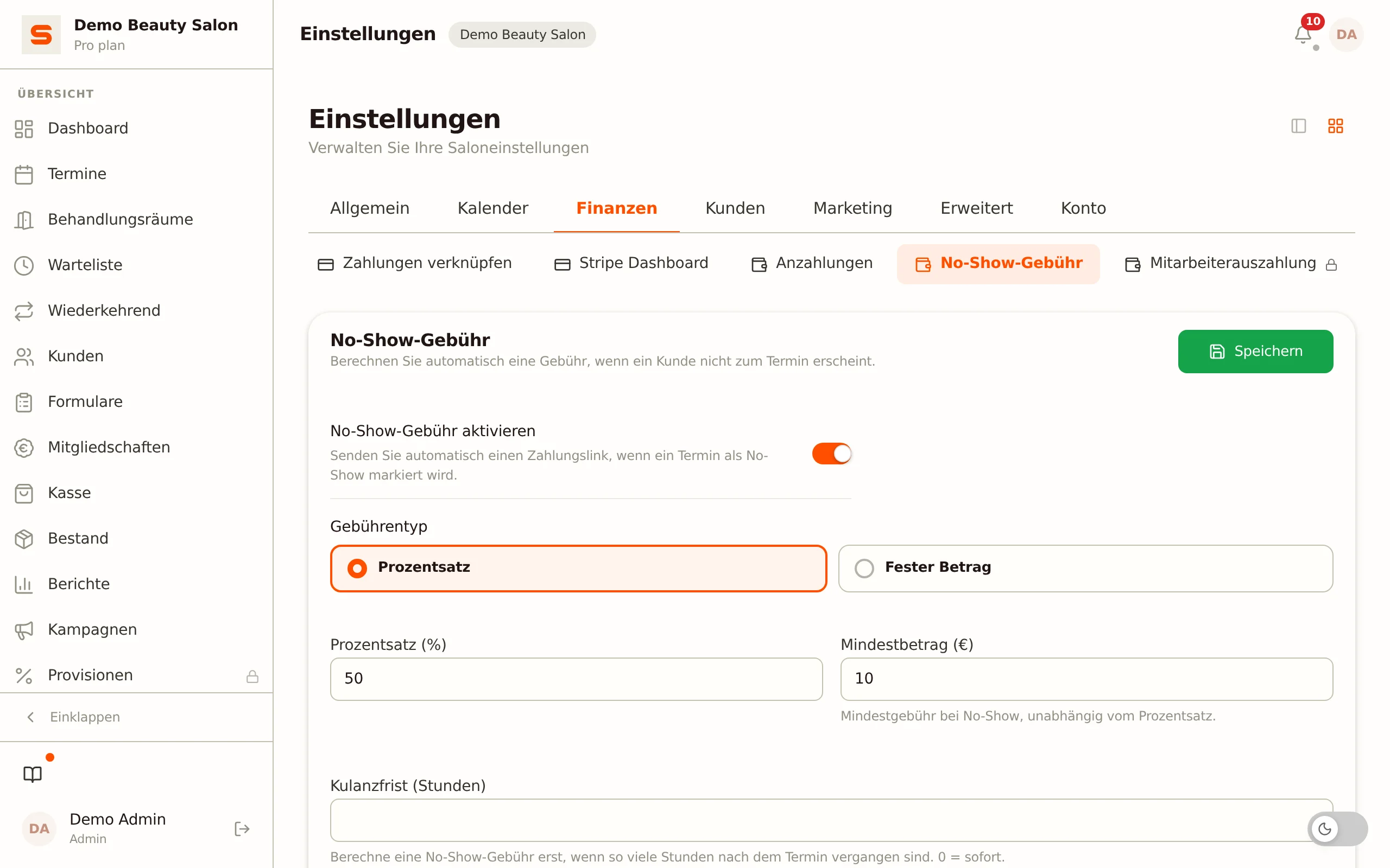 No-Show-Gebühr in Salonnare einstellen