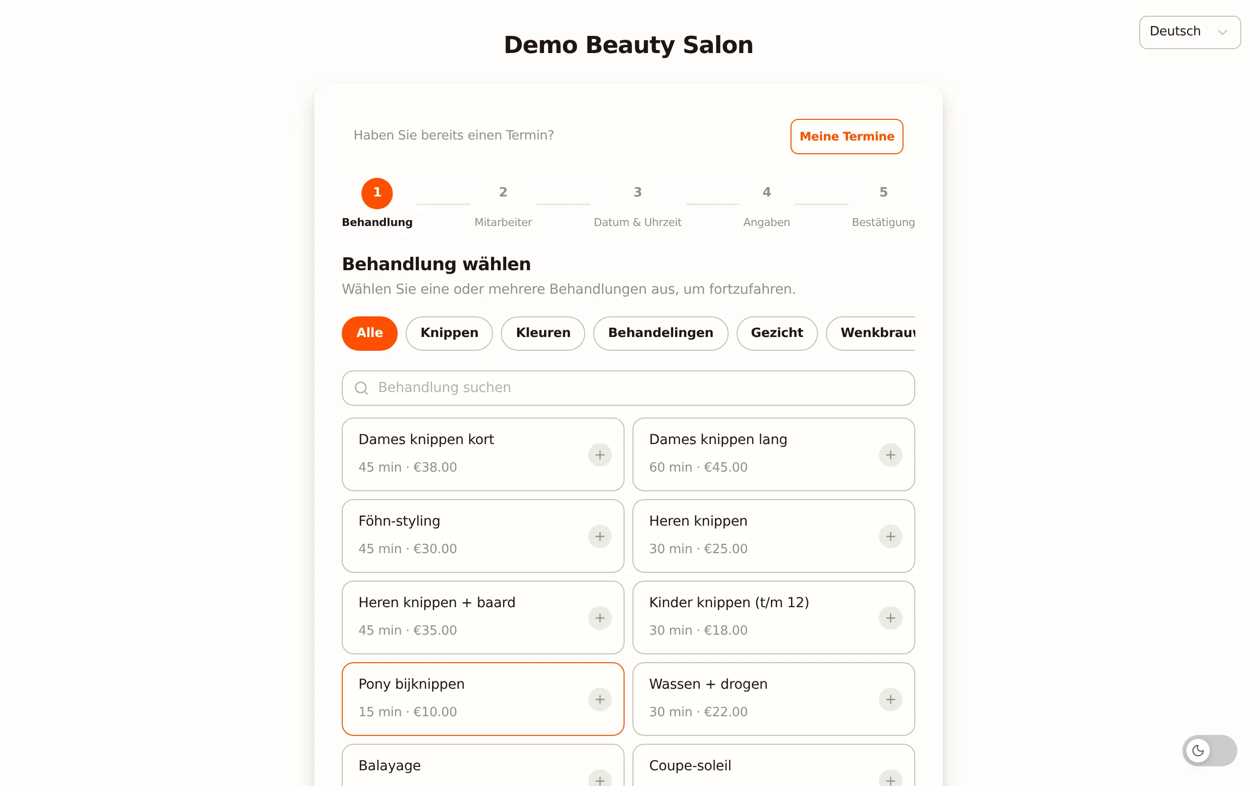 Online-Buchungsseite von Salonnare