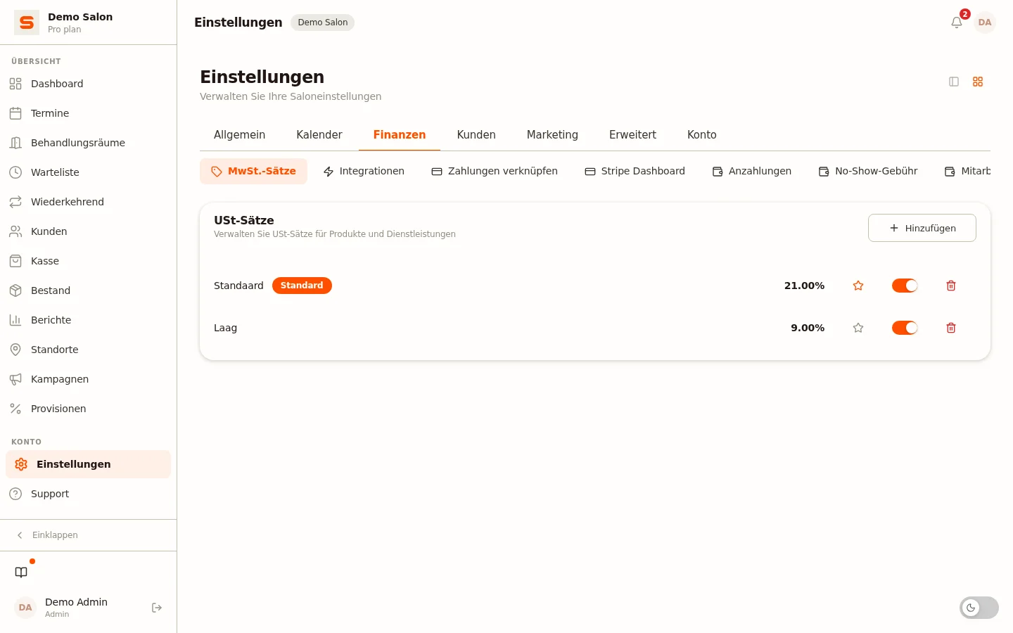 Umsatzsteuersaetze pro Behandlung und Produkt in Salonnare festlegen