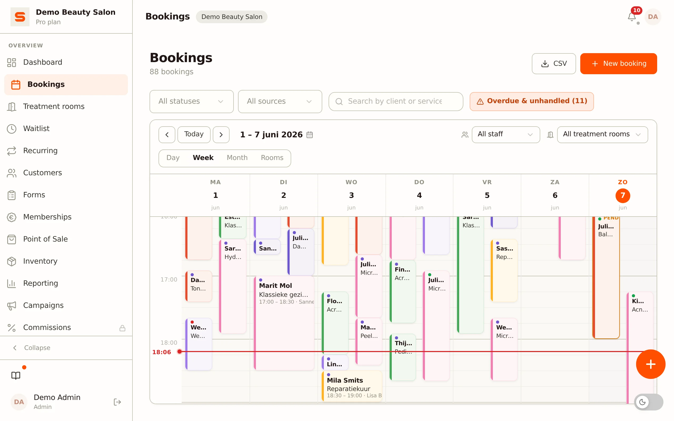 Weekly diary with appointments per staff member in Salonnare