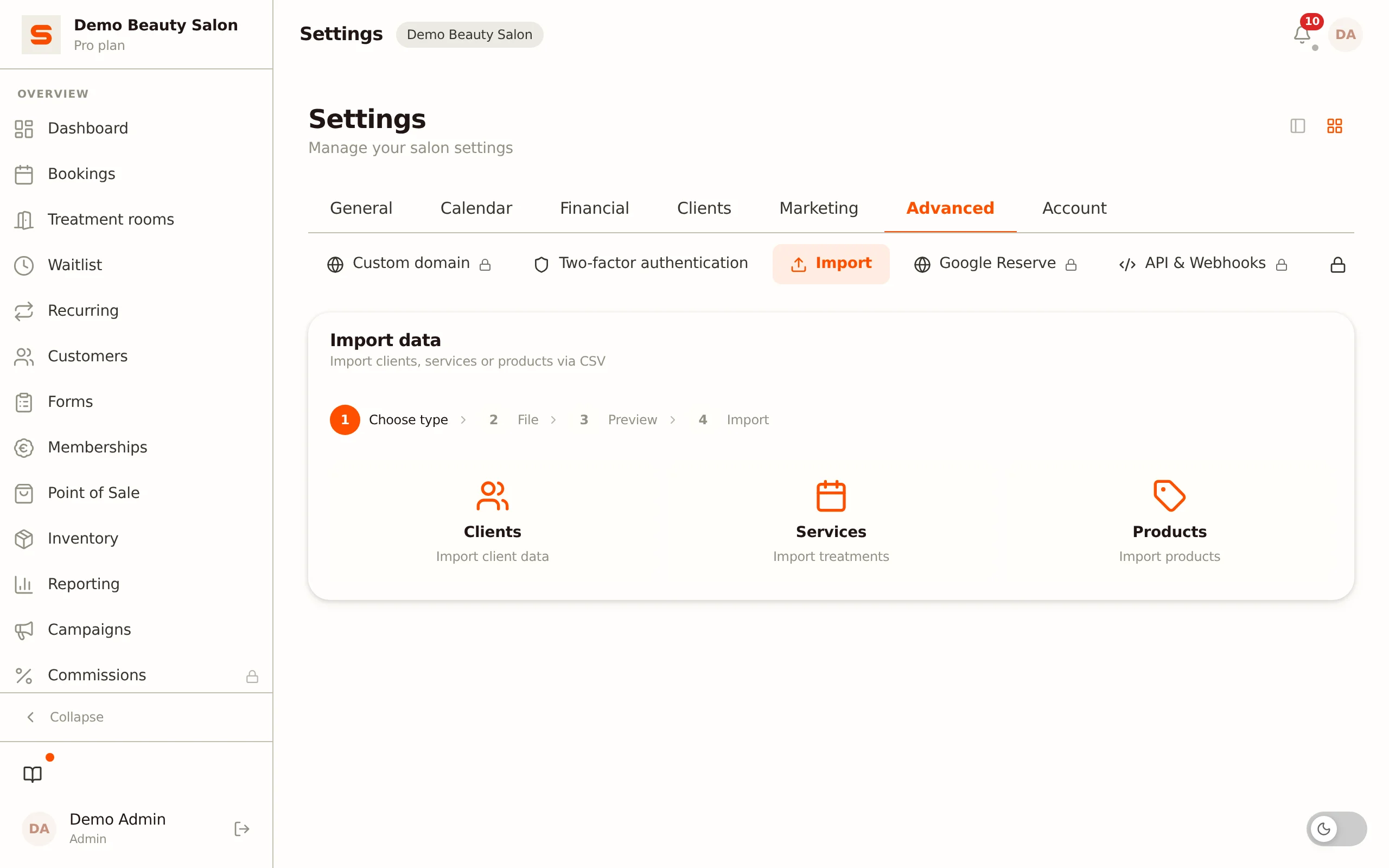 CSV import column mapping in Salonnare