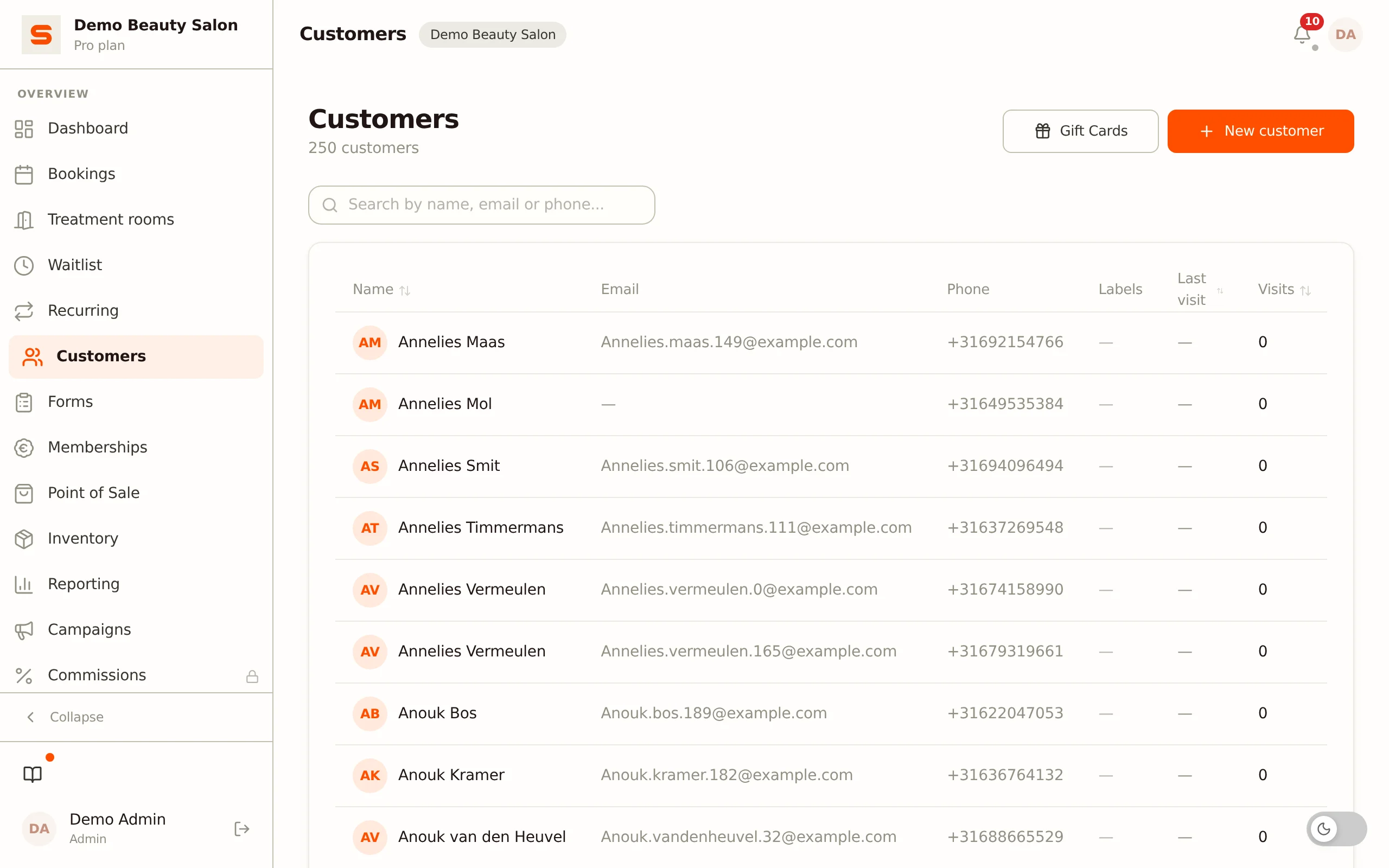 Client overview in Salonnare