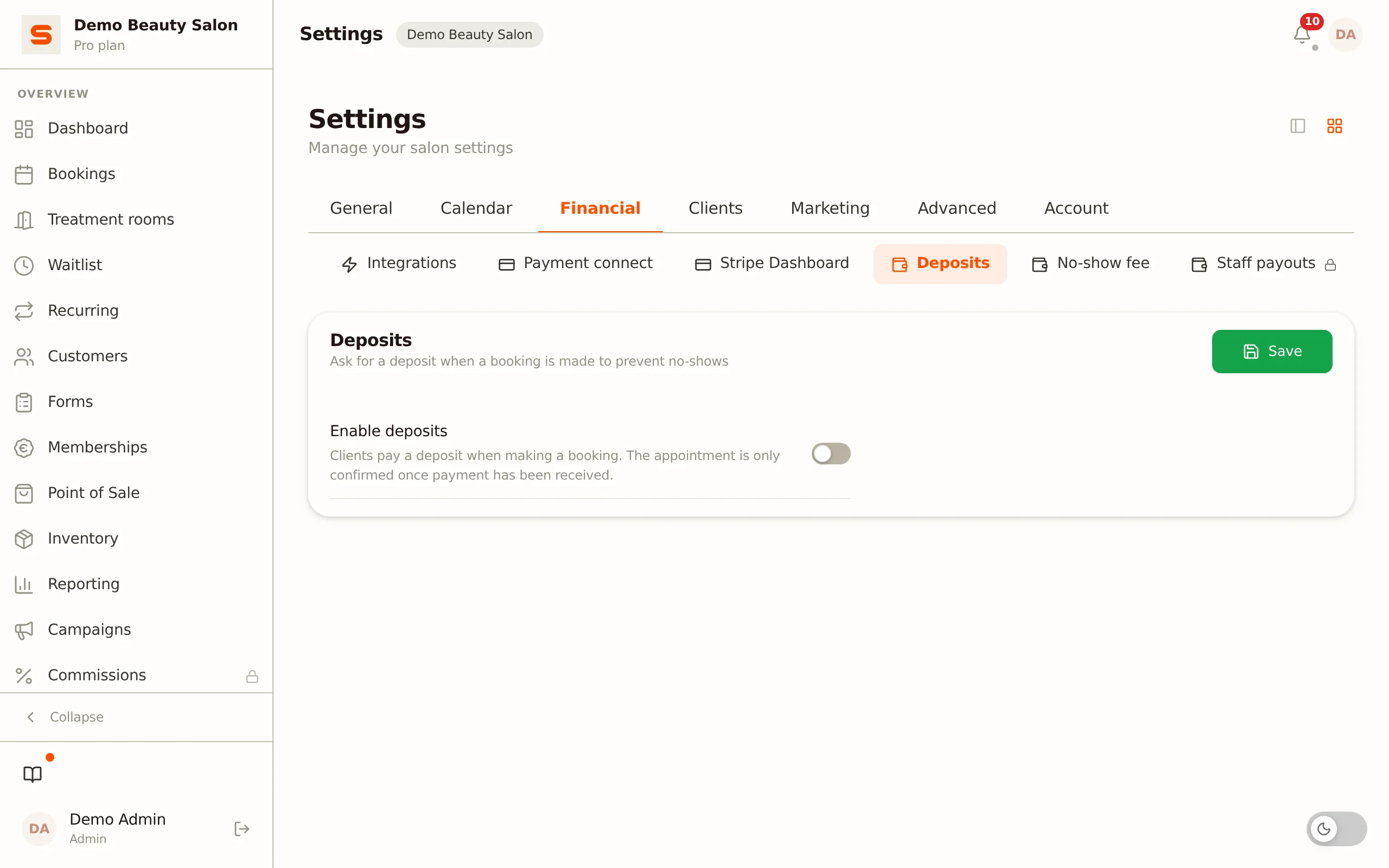 Deposits and no-show fees in Salonnare