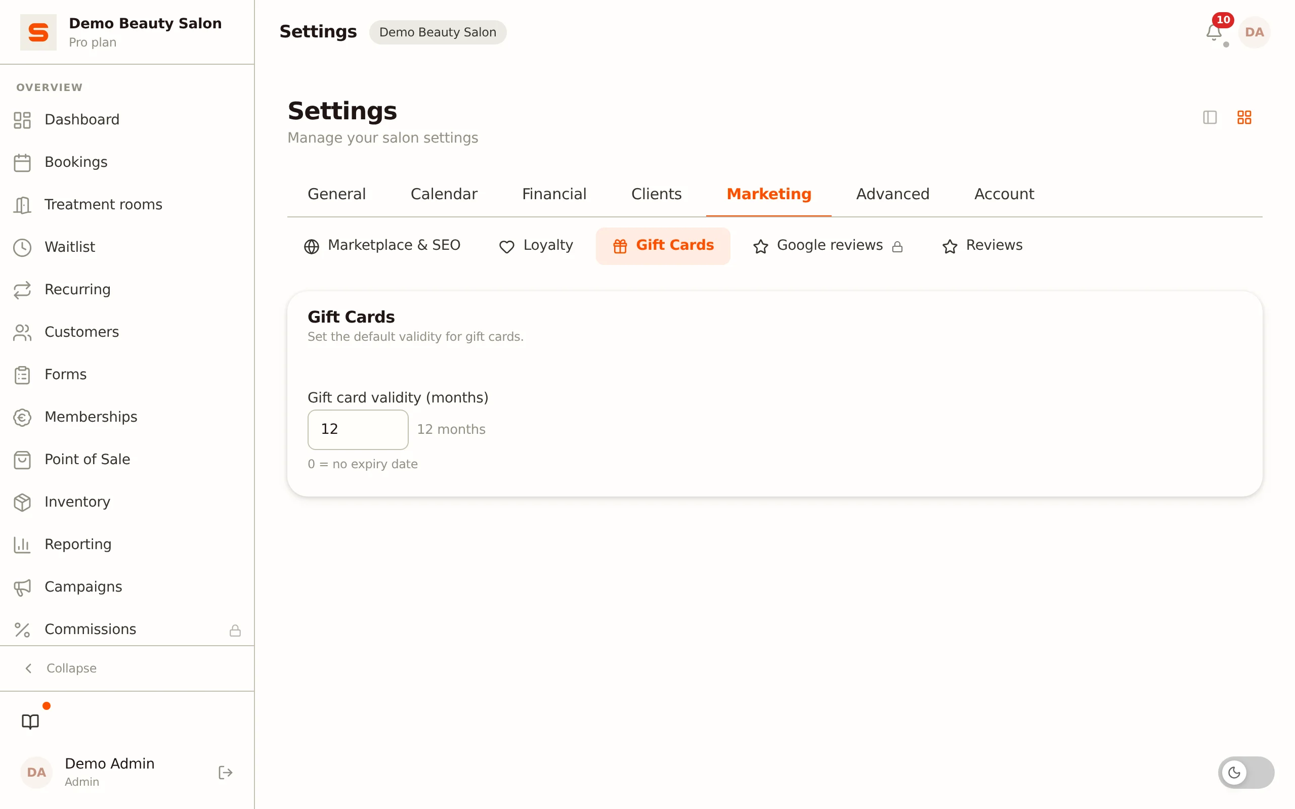 Setting up gift cards in Salonnare