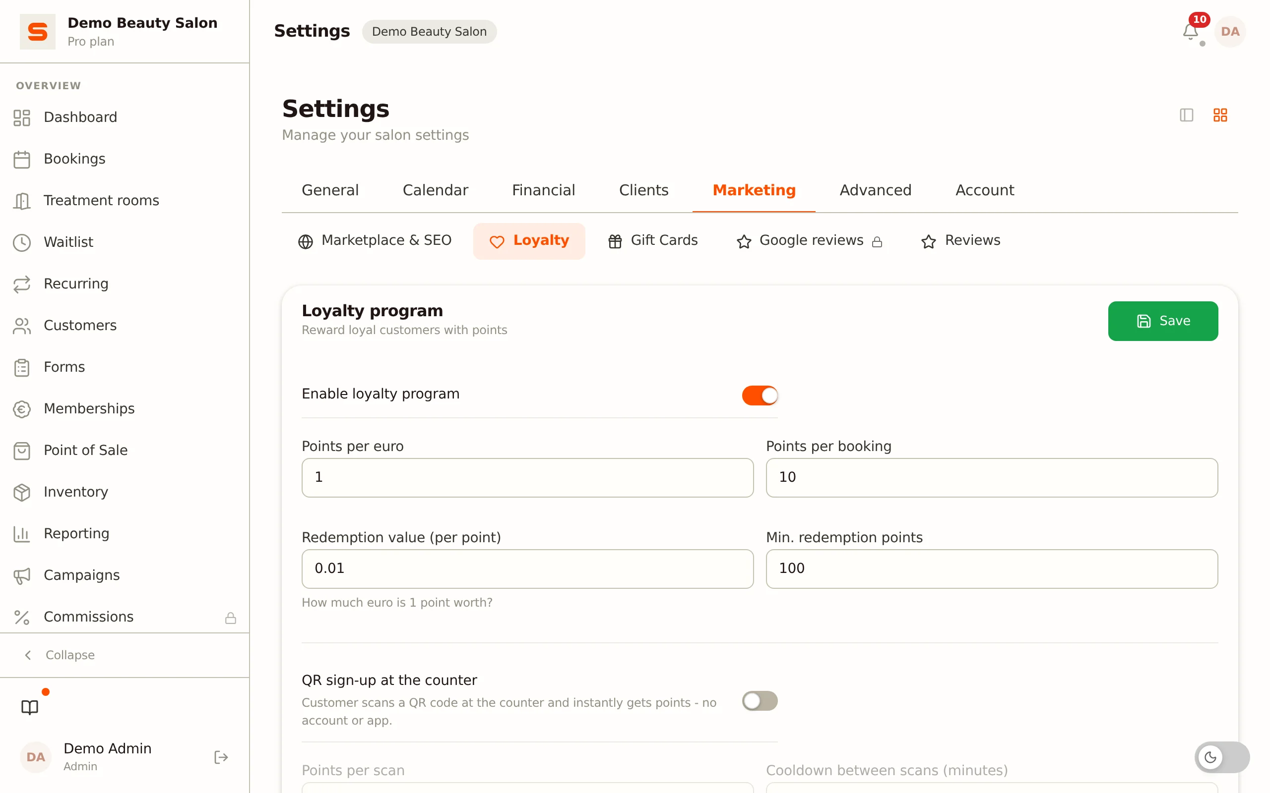 Setting up the loyalty program in Salonnare
