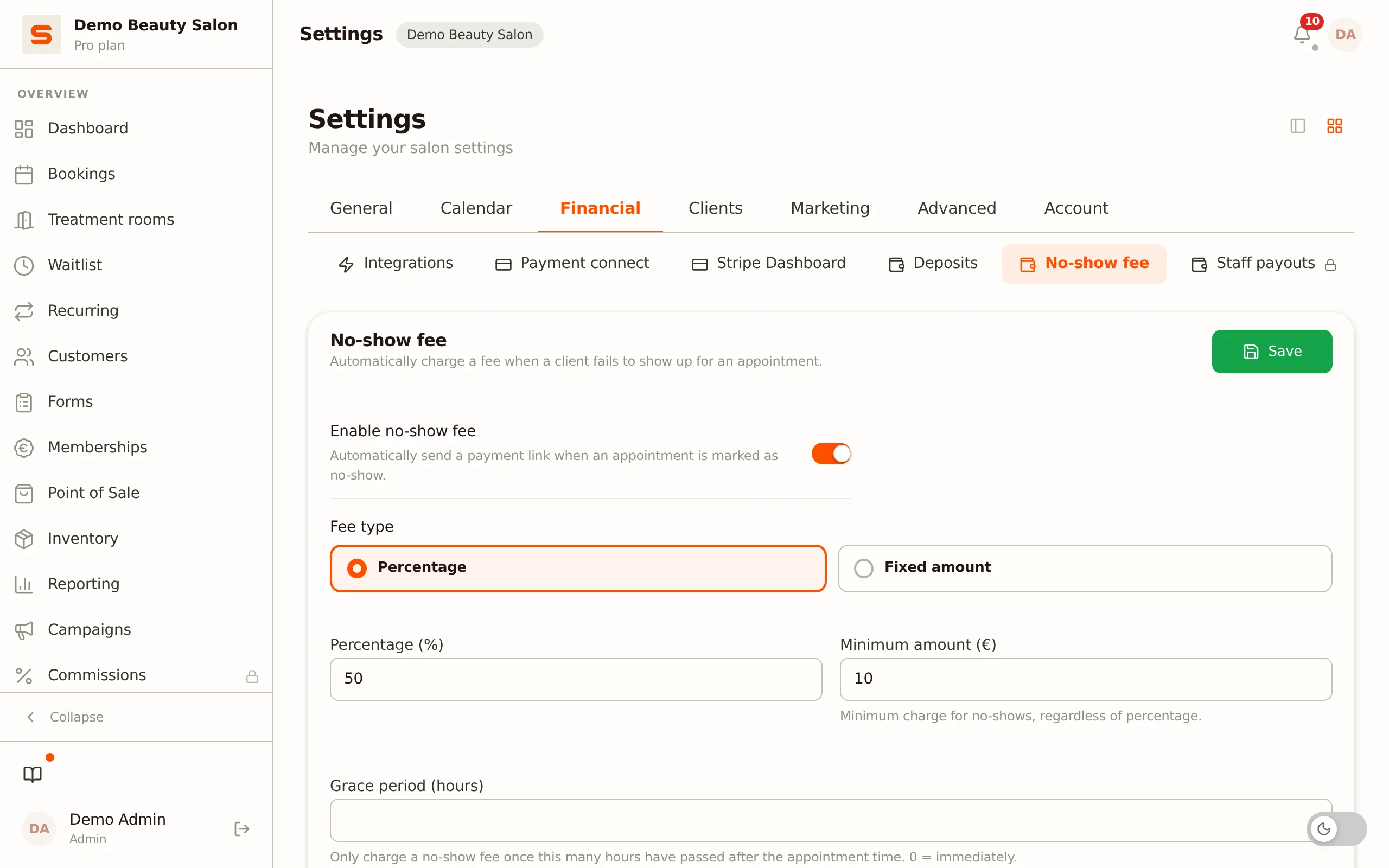 Setting a no-show fee in Salonnare