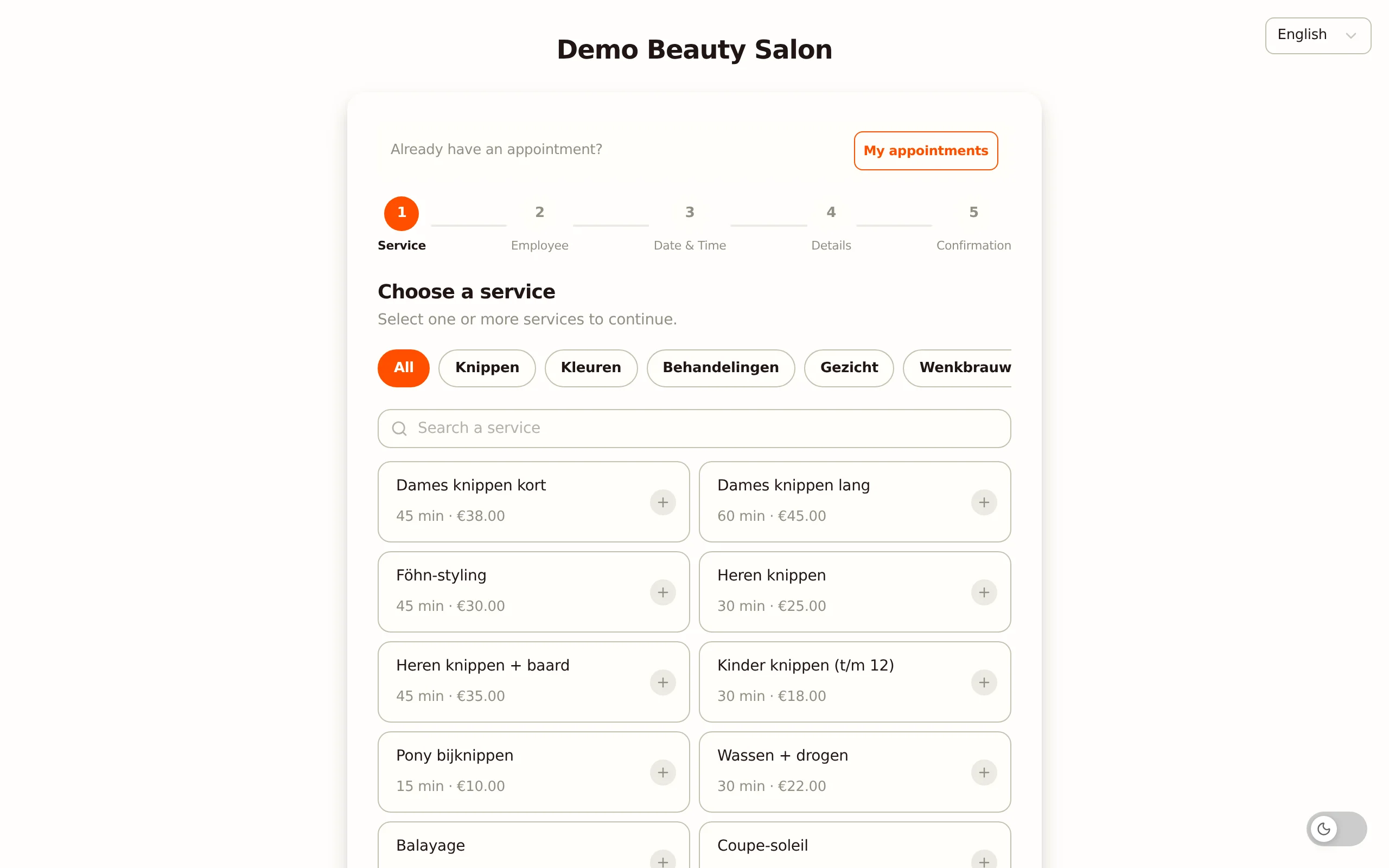Salonnare online booking page