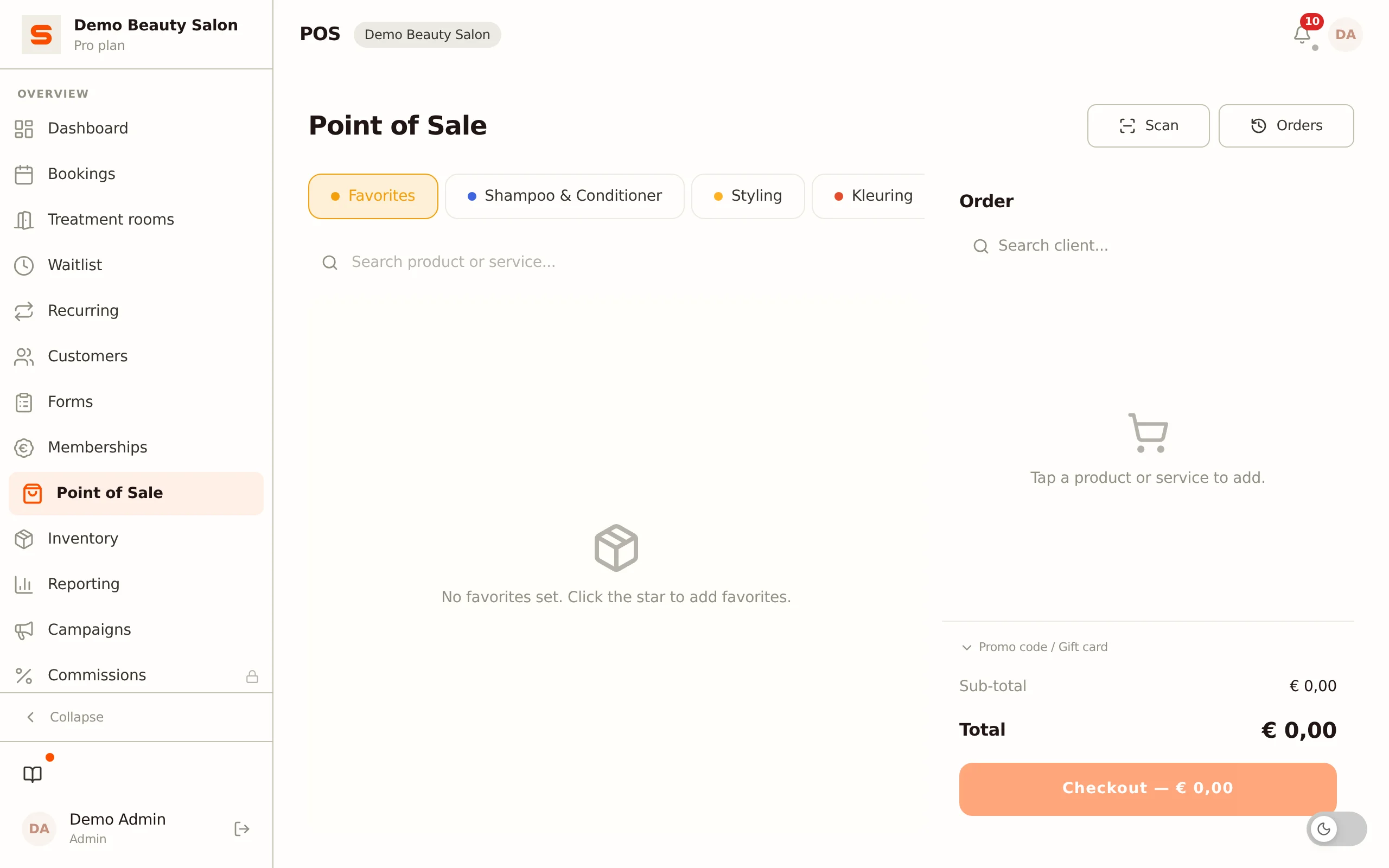 Salonnare point-of-sale screen with treatments and payment methods