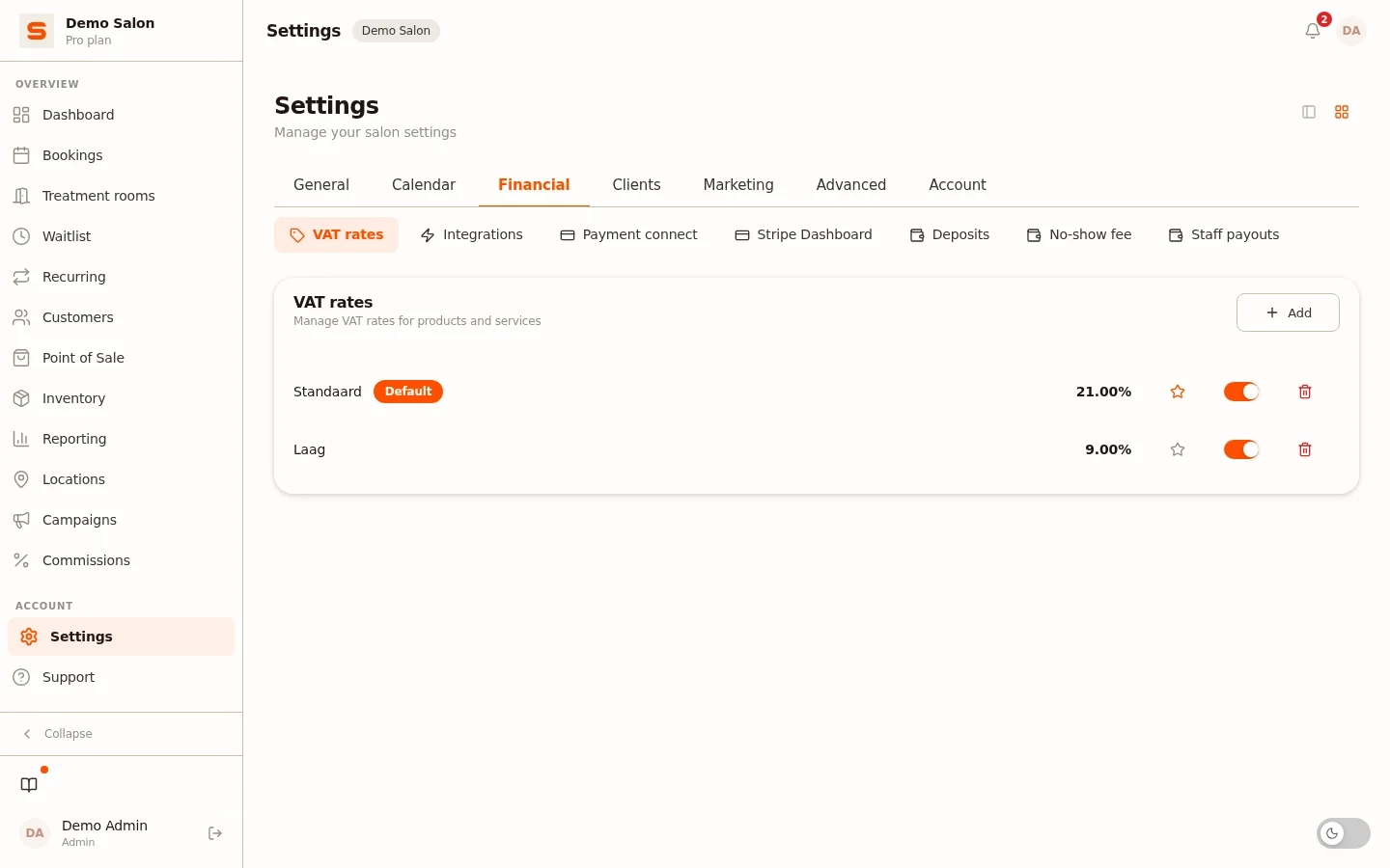 VAT and accounting export per rate in Salonnare
