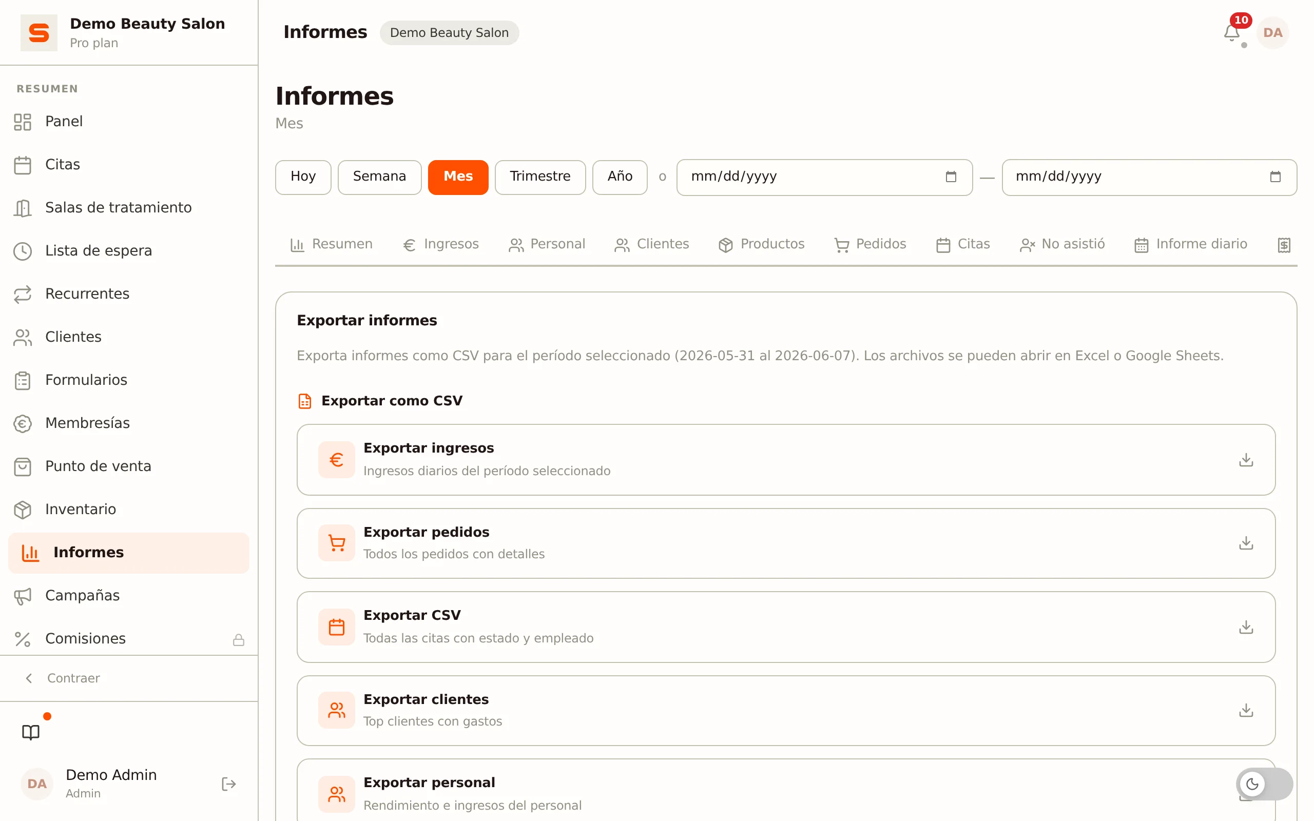 Exportar los ingresos por periodo para tu contabilidad en Salonnare