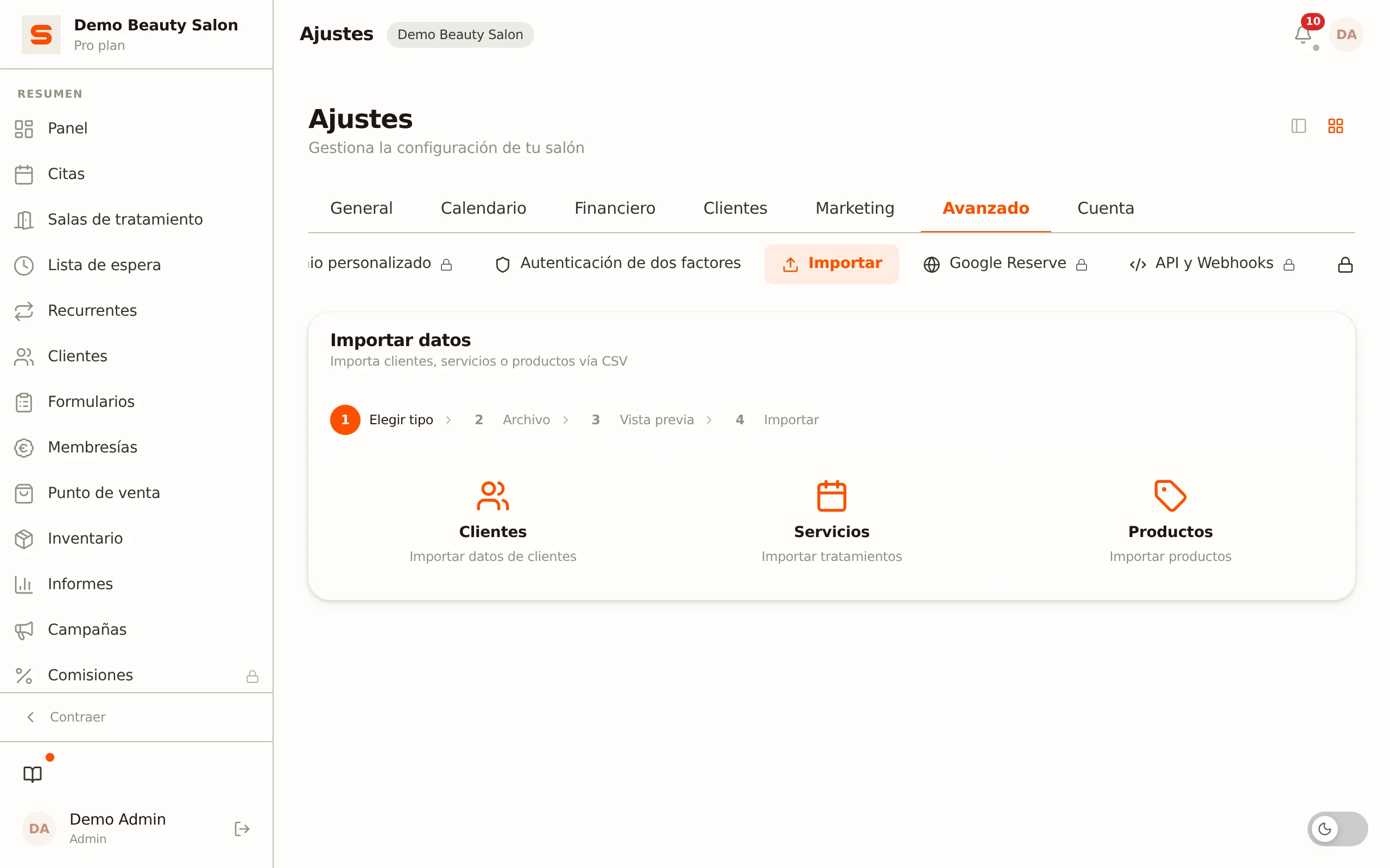 Mapeo de columnas en la importación CSV en Salonnare