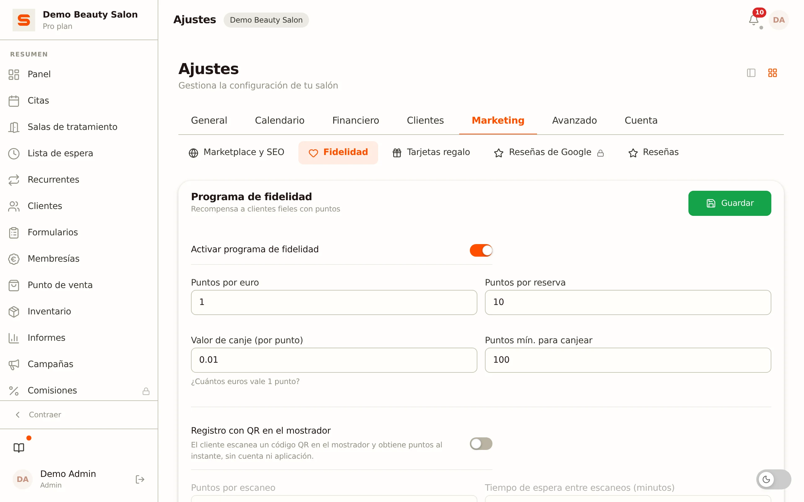 Configurar el programa de fidelización en Salonnare