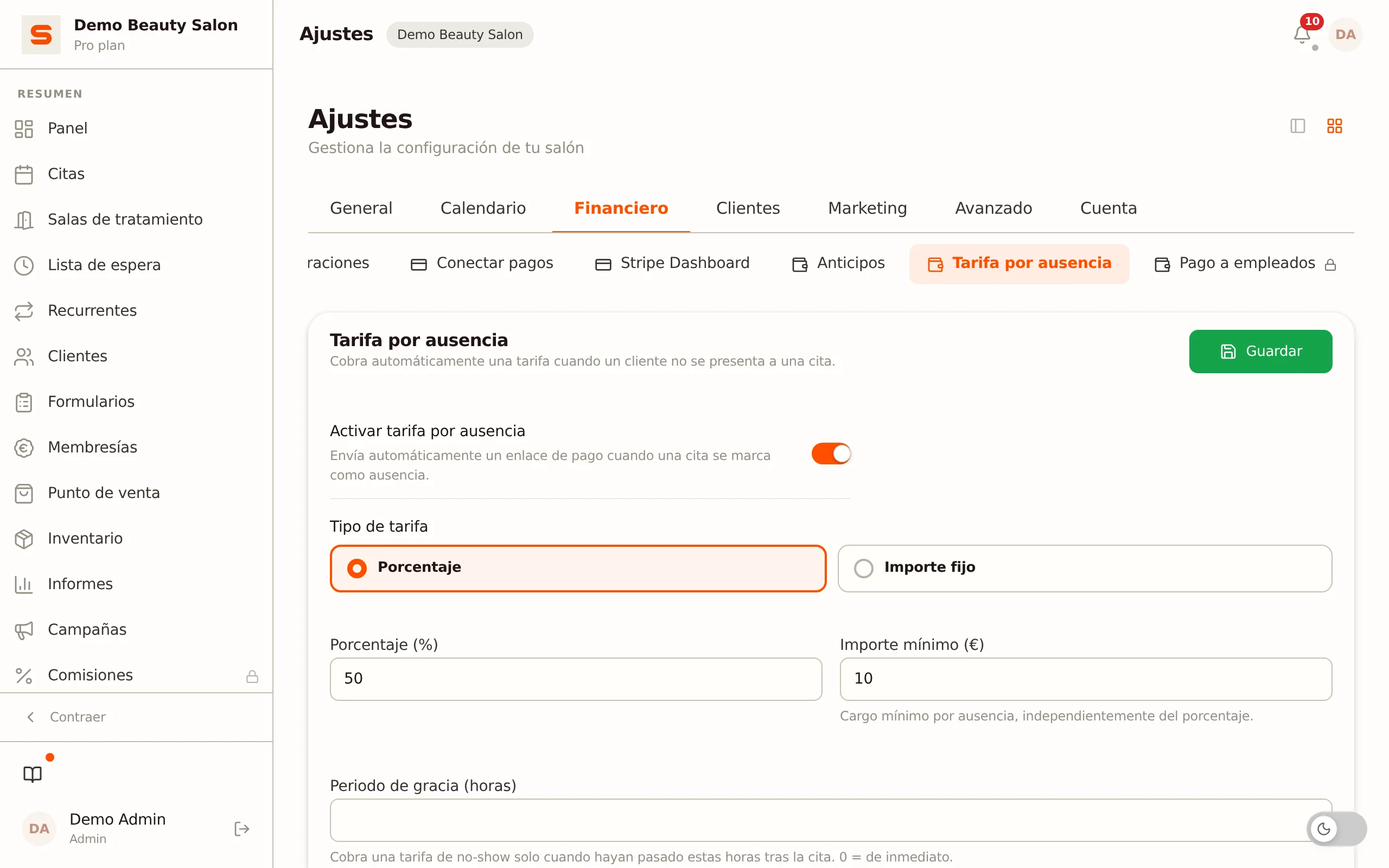 Configurar una tarifa de no-show en Salonnare