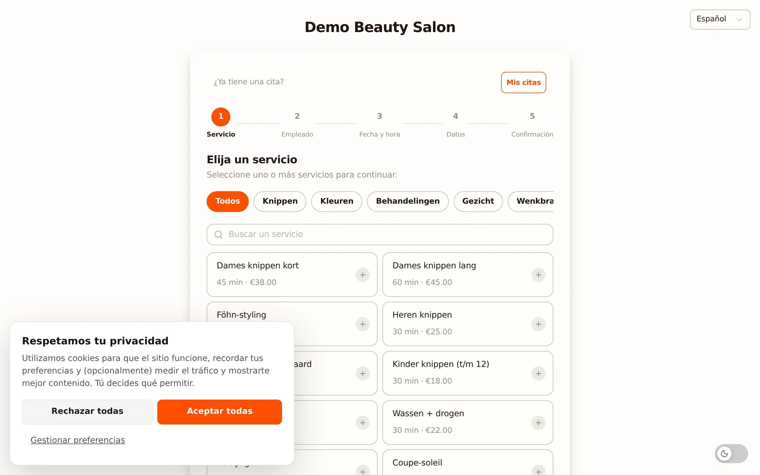 Página de reservas online de Salonnare