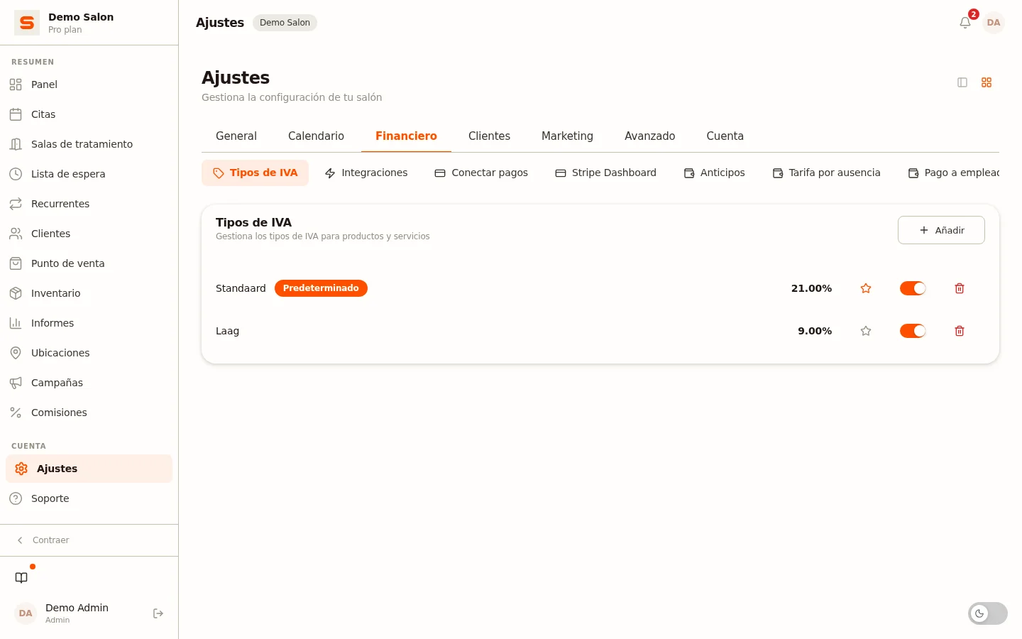 Definir los tipos de IVA por tratamiento y producto en Salonnare
