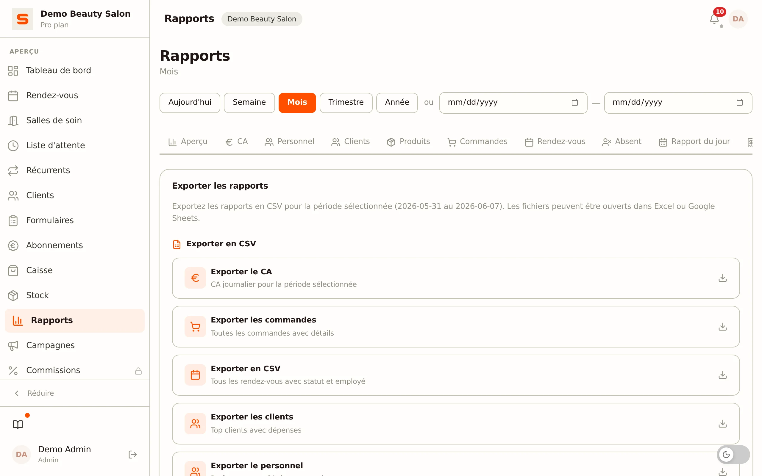 Exporter le chiffre d'affaires par periode pour votre comptabilite dans Salonnare