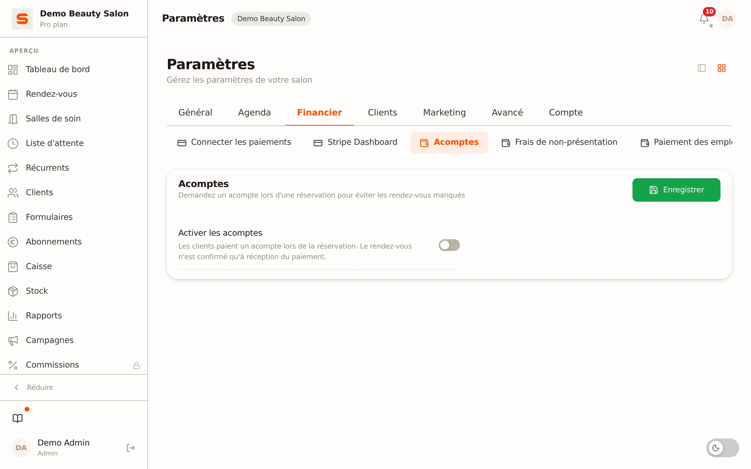 Acomptes et frais de non-présentation dans Salonnare