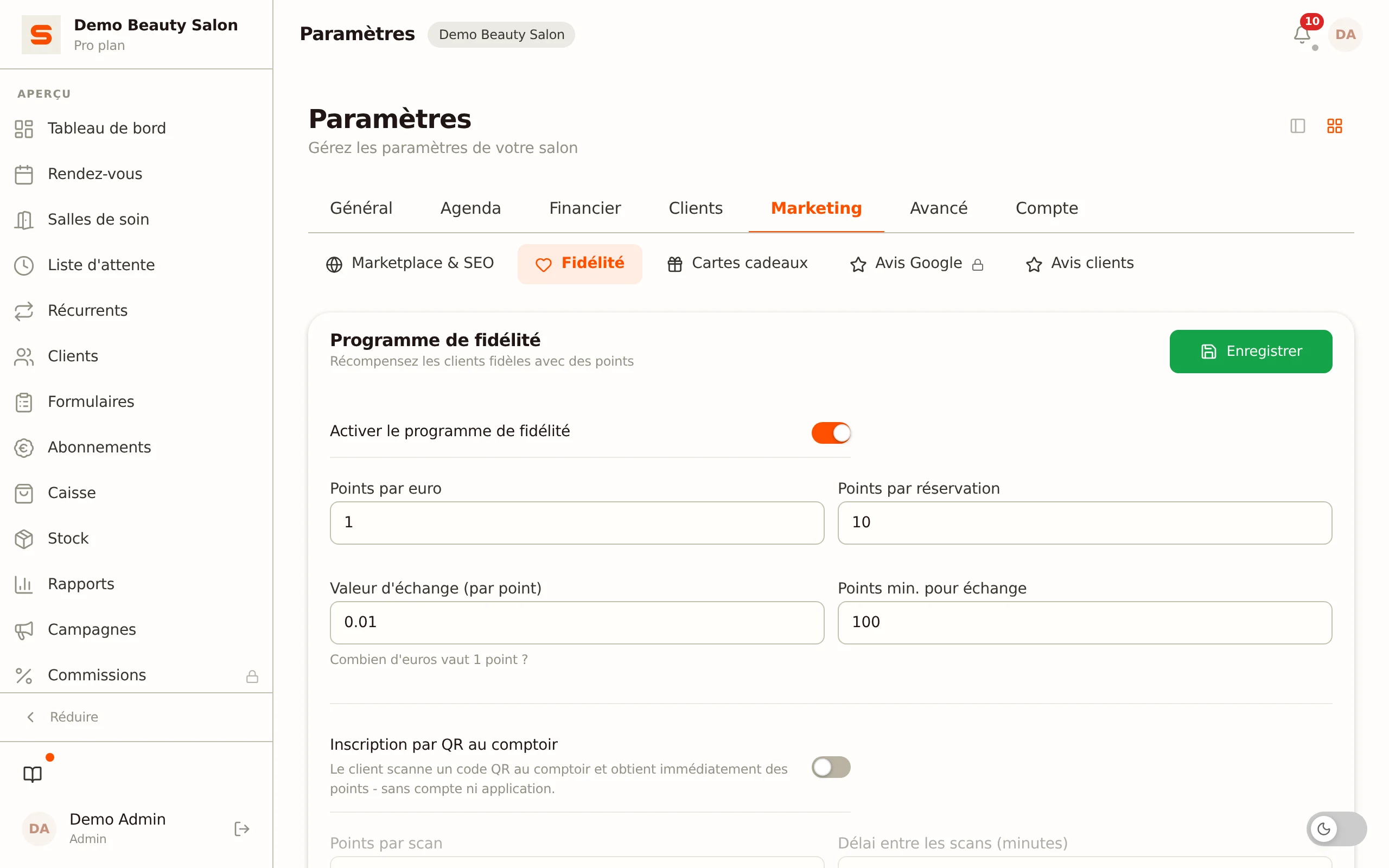 Configurer le programme de fidélité dans Salonnare