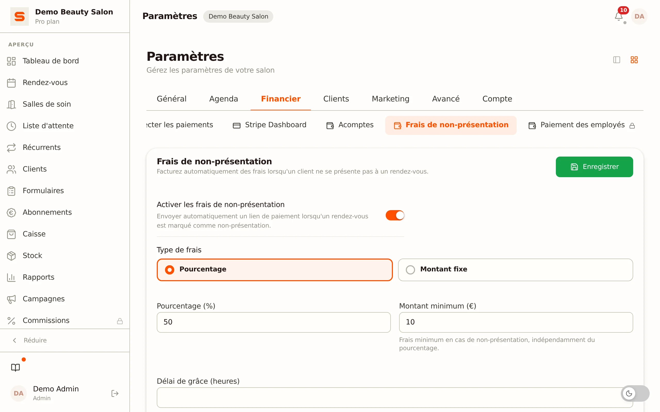 Configurer des frais de no-show dans Salonnare