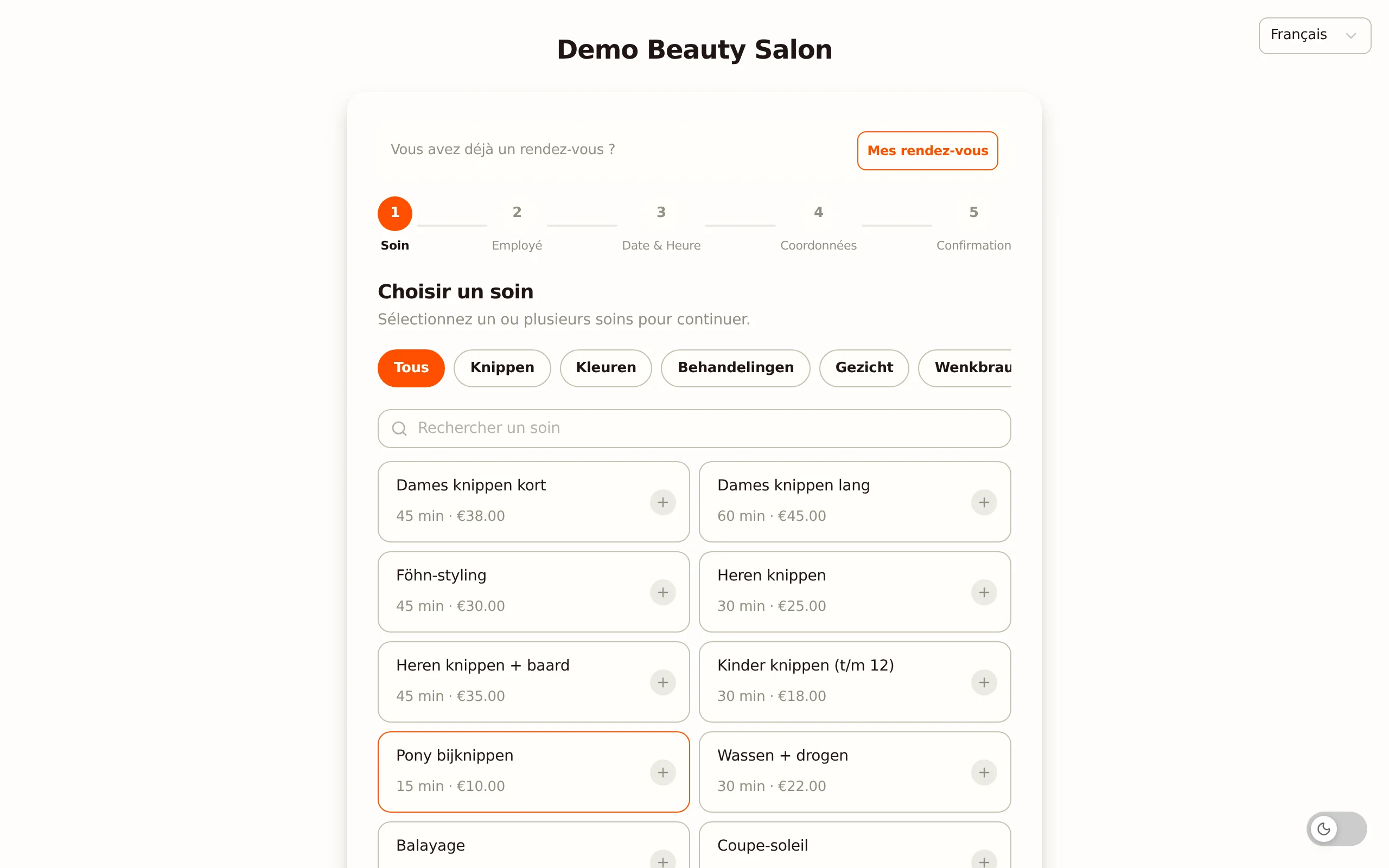 Page de réservation en ligne pour les clientes dans Salonnare