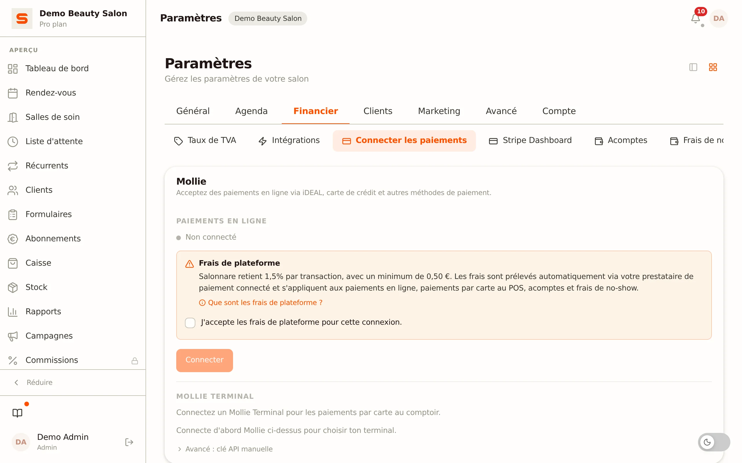 Connecter les paiements dans Salonnare via Stripe ou Mollie