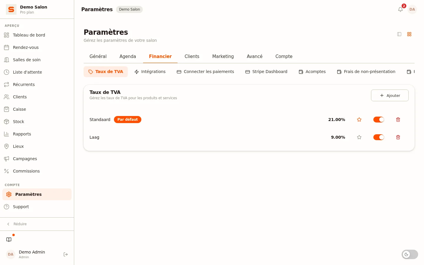 Definir les taux de TVA par prestation et produit dans Salonnare