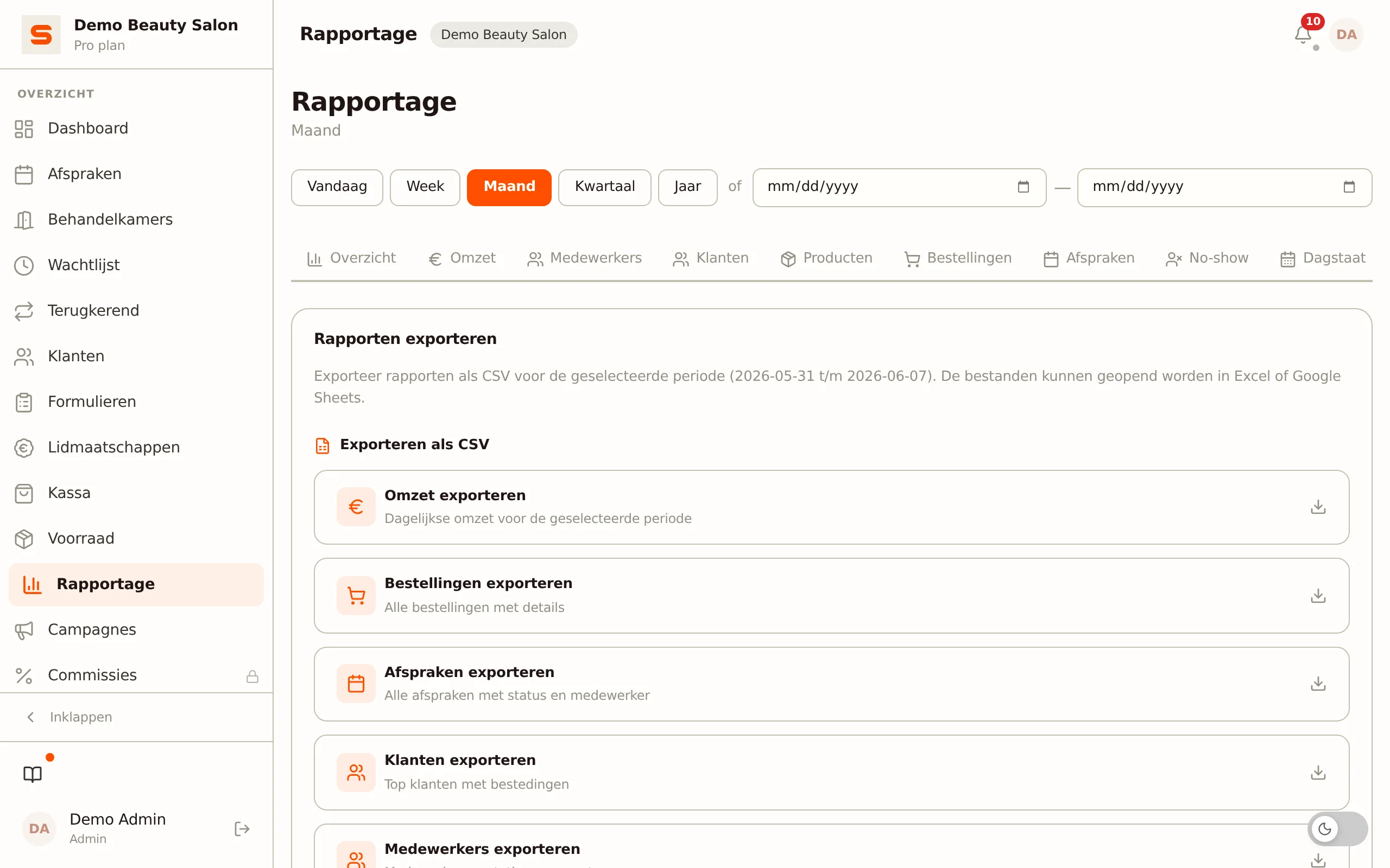 Omzet exporteren per periode en btw-tarief in Salonnare