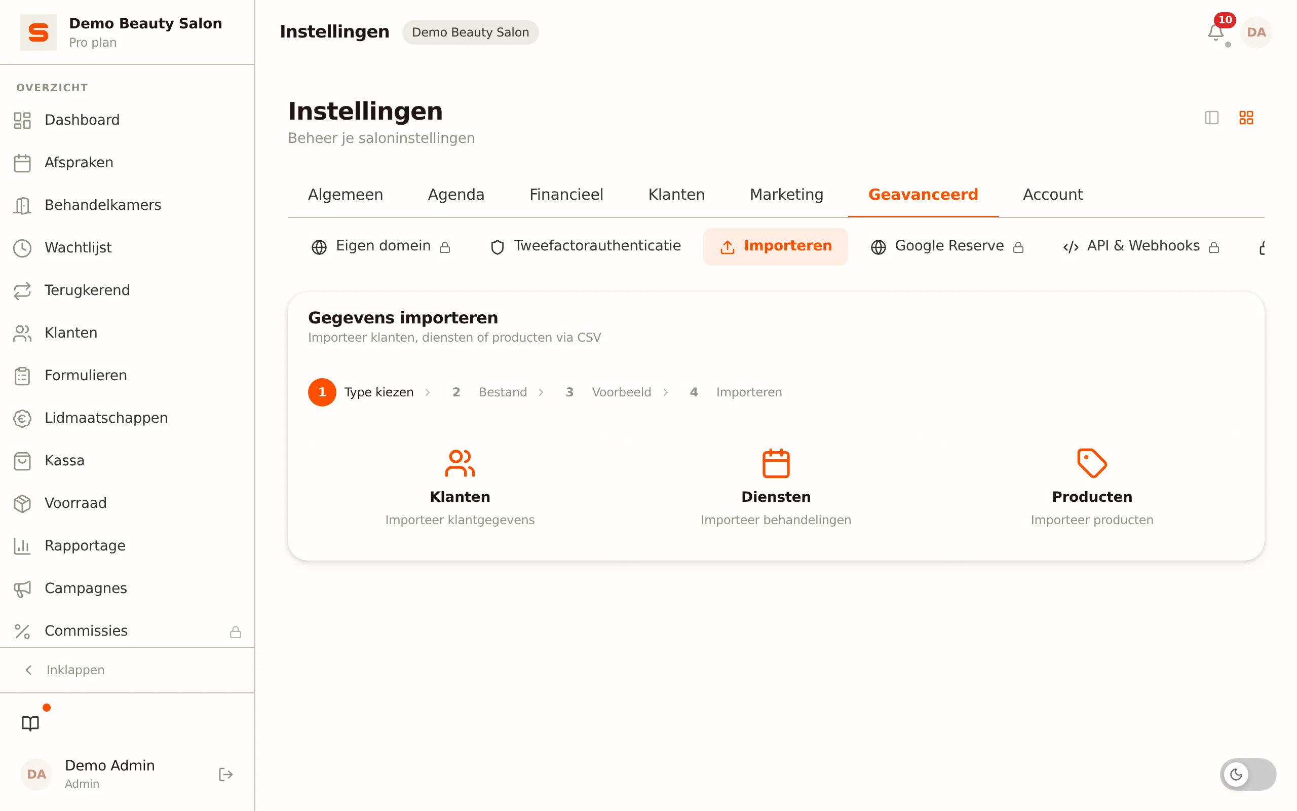 CSV-import kolom-mapping in Salonnare