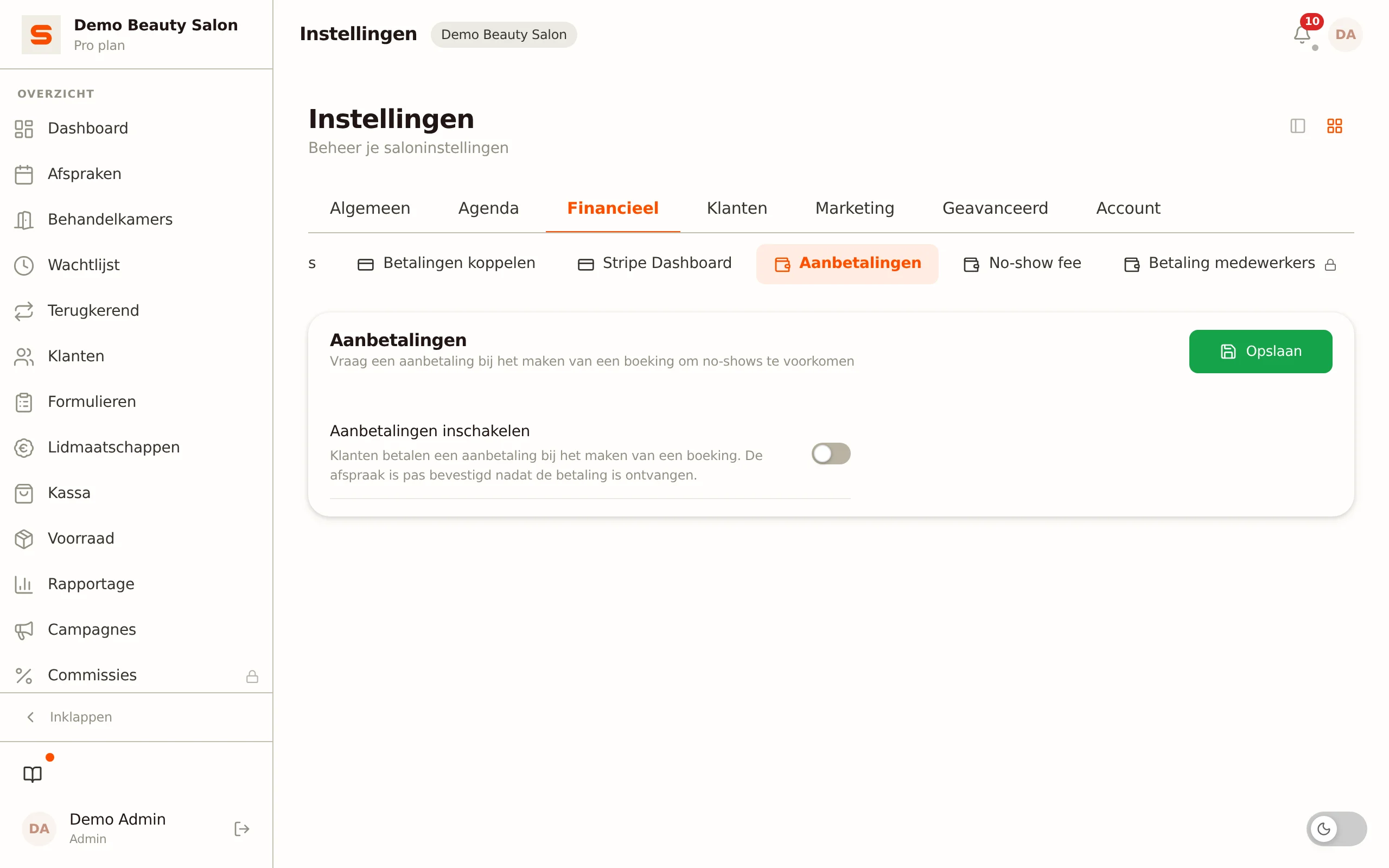 Aanbetalingen en no-show fees in Salonnare