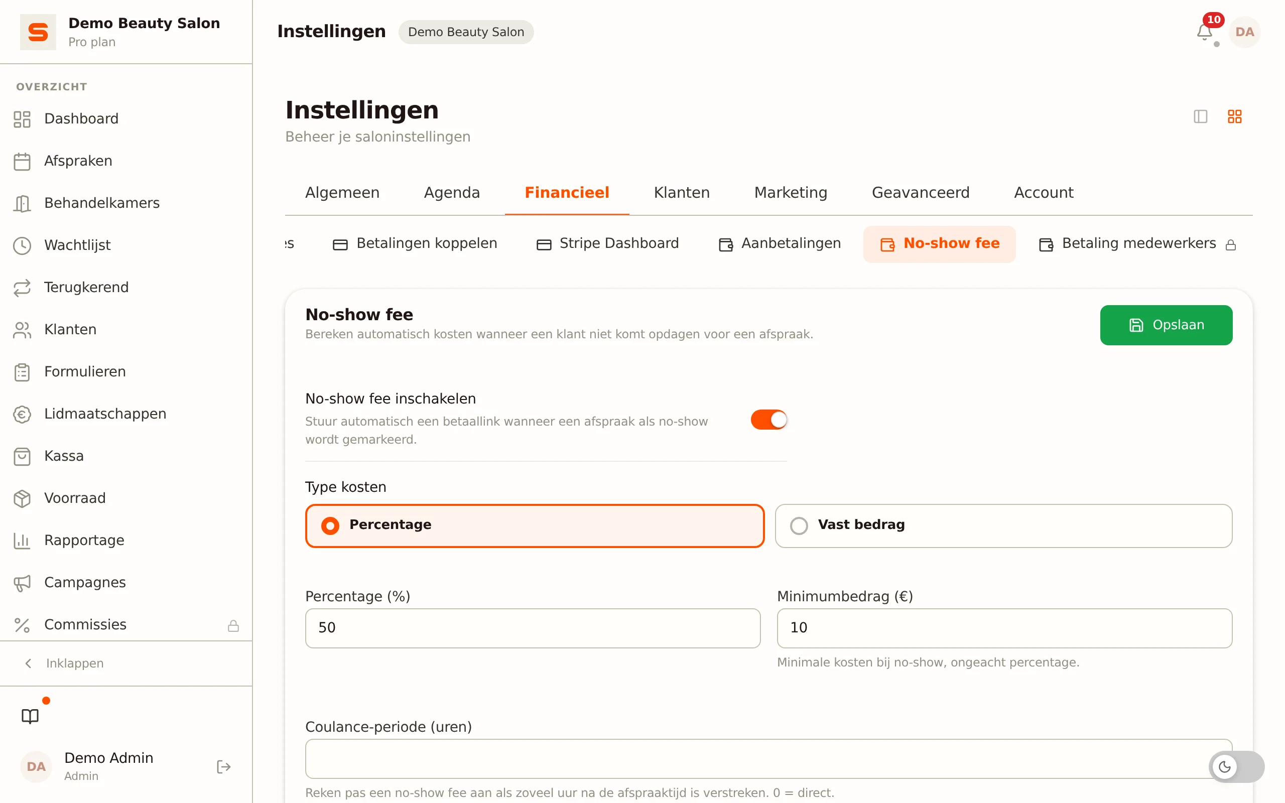 No-show fee instellen in Salonnare