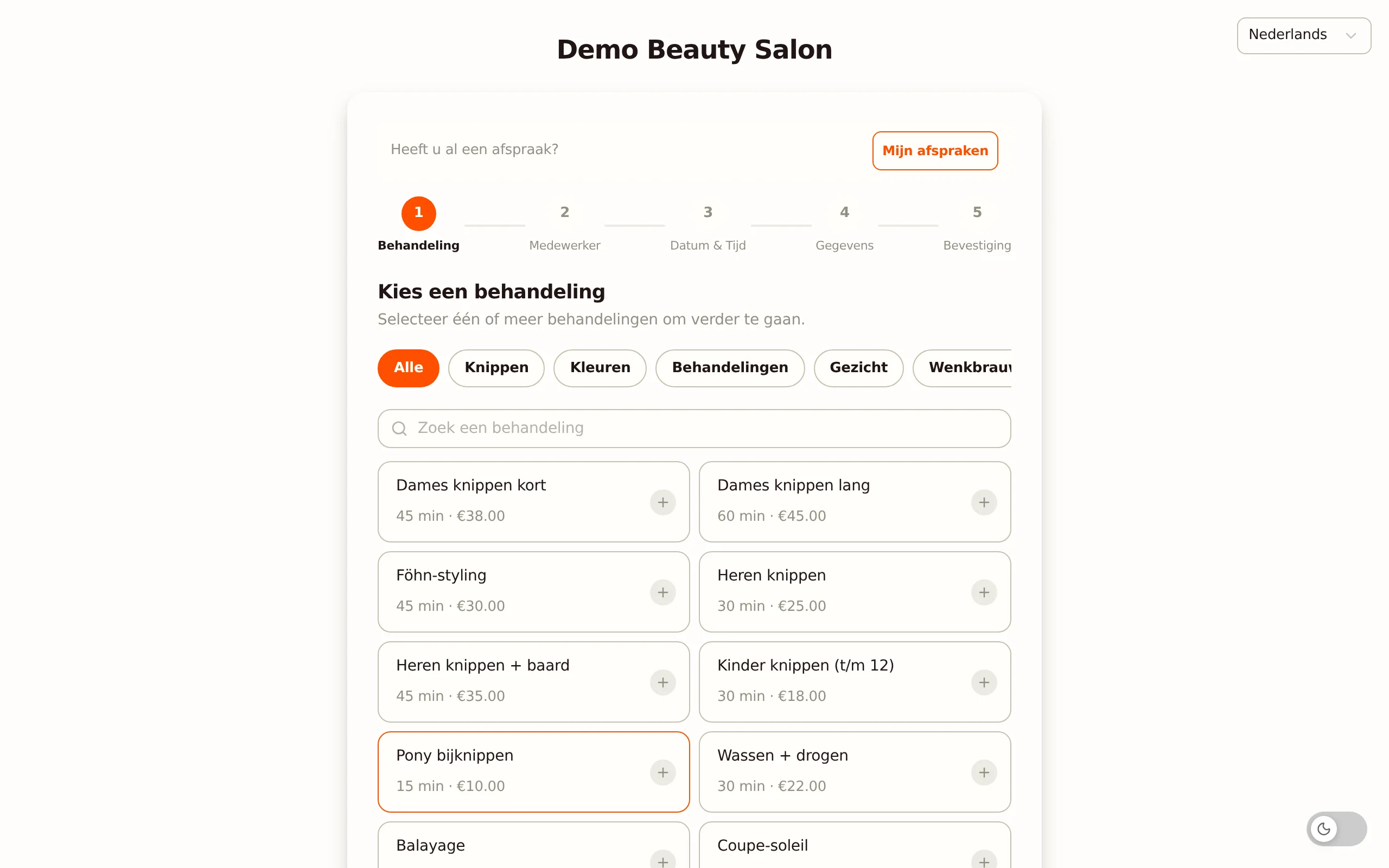 Online boekingspagina van Salonnare