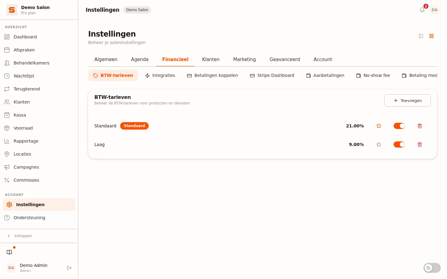 Btw- en boekhoud-export per tarief in Salonnare