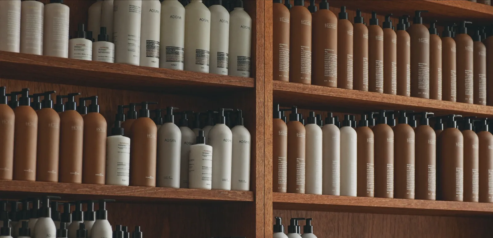 Étagères en bois remplies de flacons de produits de salon comme shampoing et après-shampoing