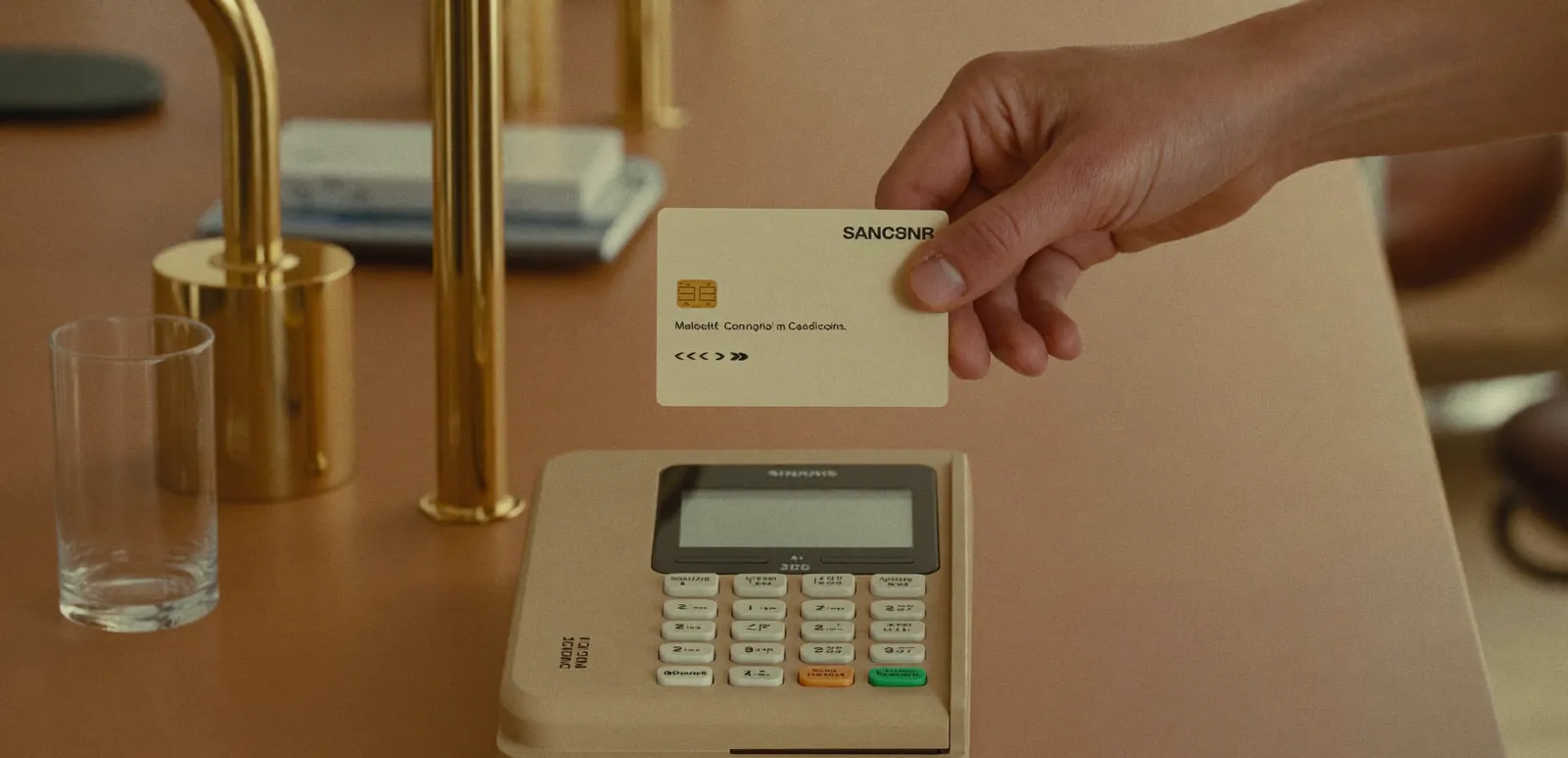 Hand mit einer Bankkarte über einem Kartenlesegerät auf einer Salontheke