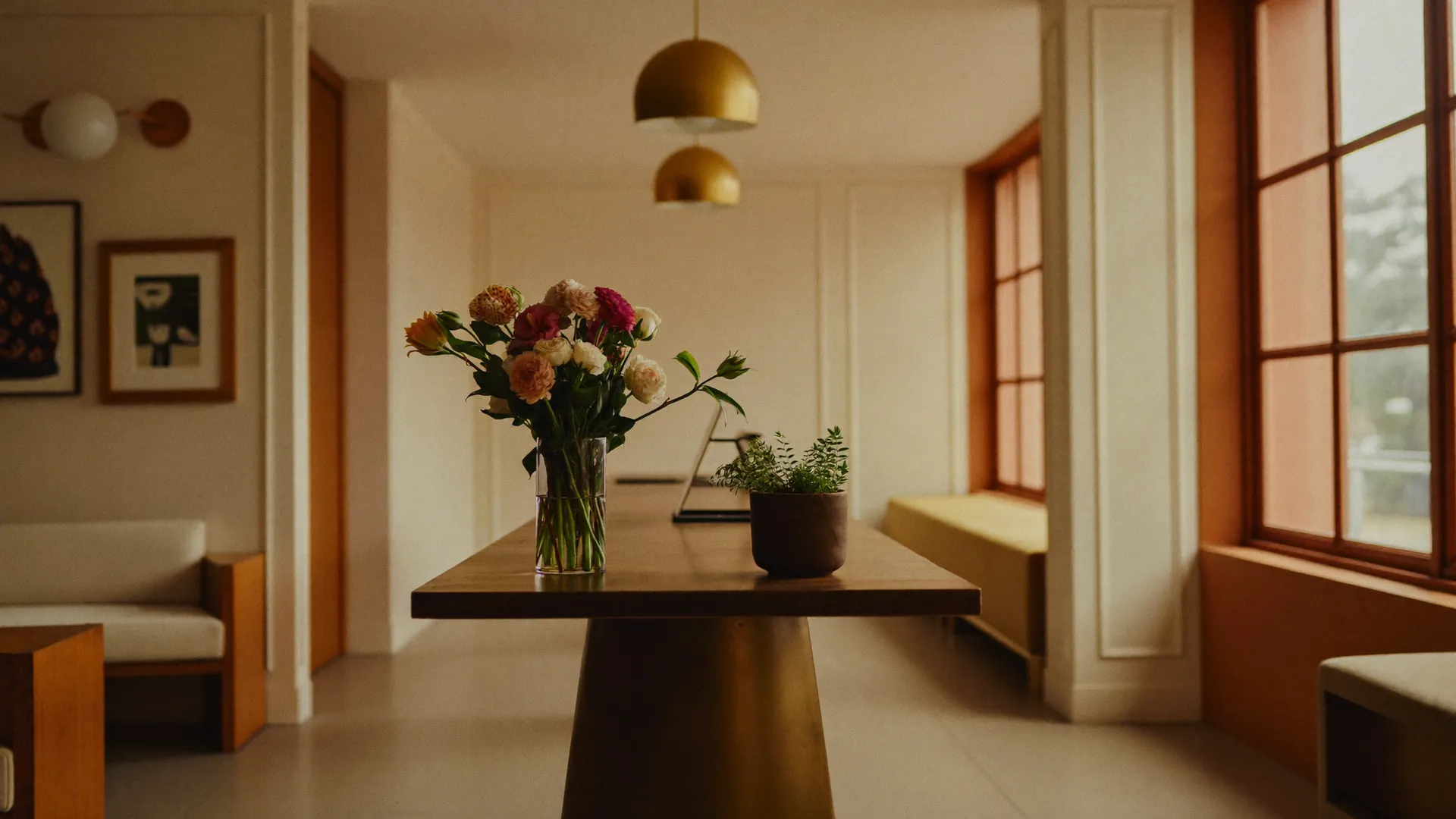 Ruhiger Wartebereich im Salon mit einer Blumenvase auf einem Holztisch am Fenster