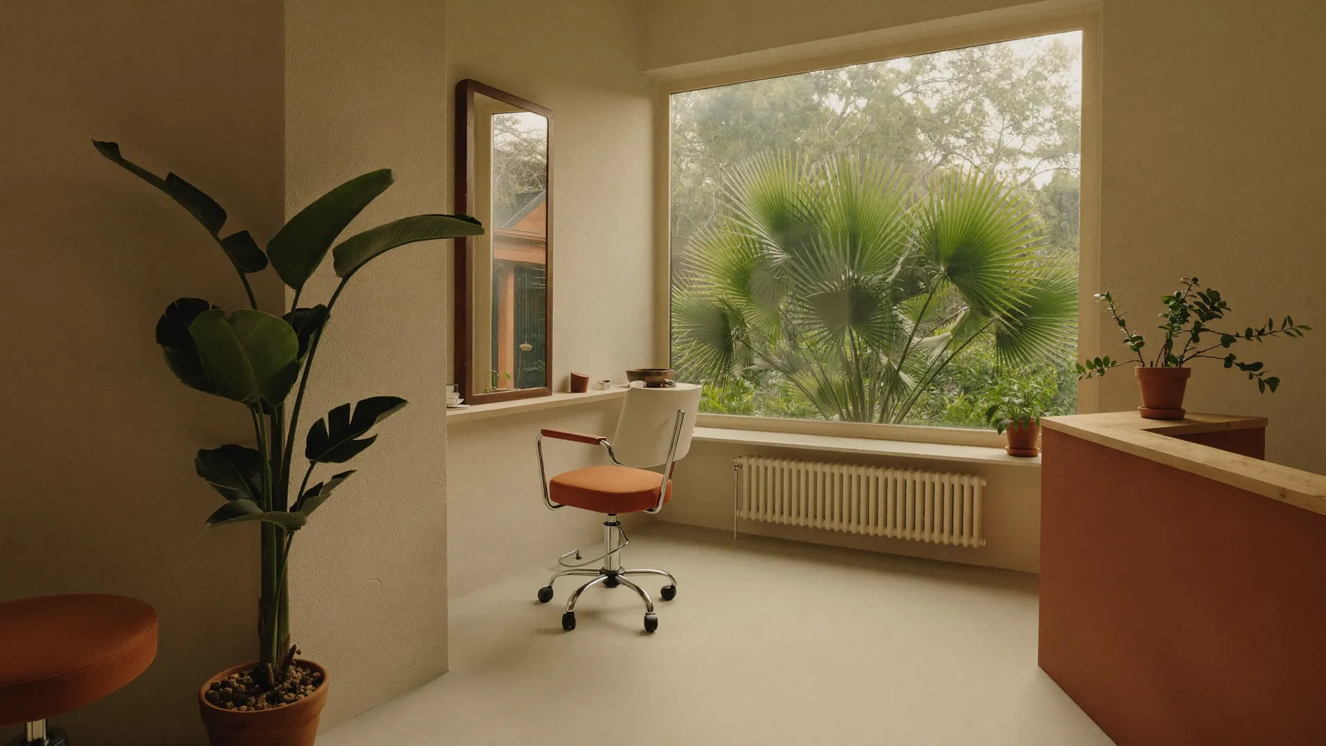 Ruhige Salonecke mit einem Hocker an einem großen Fenster mit Palmen