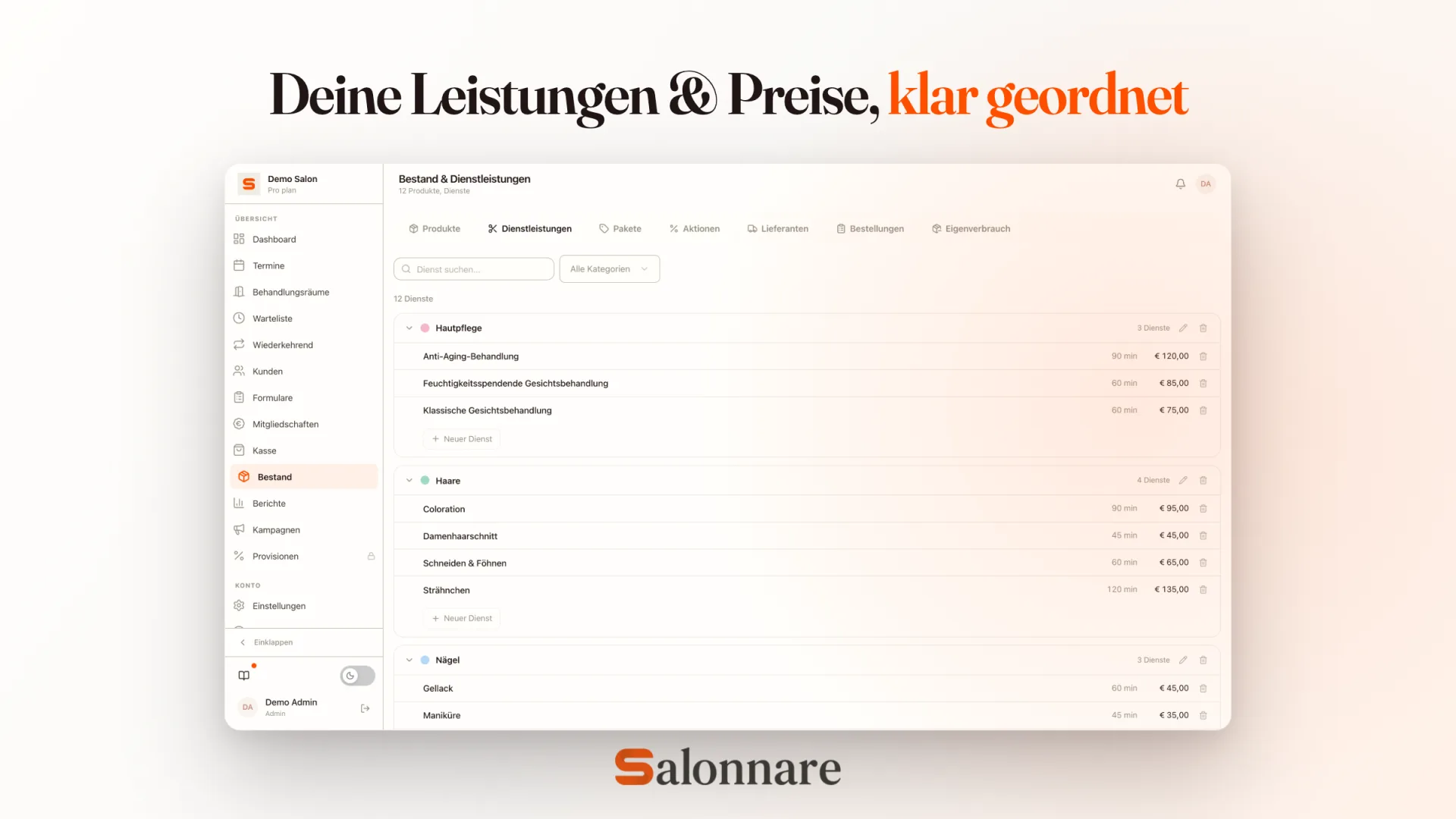 Services mit Preis und Dauer