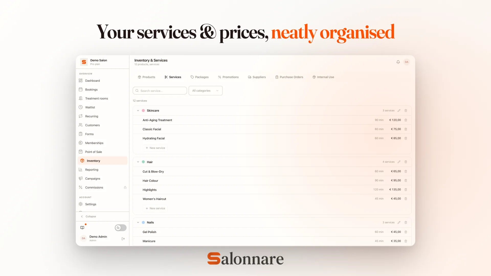 Services with price and duration