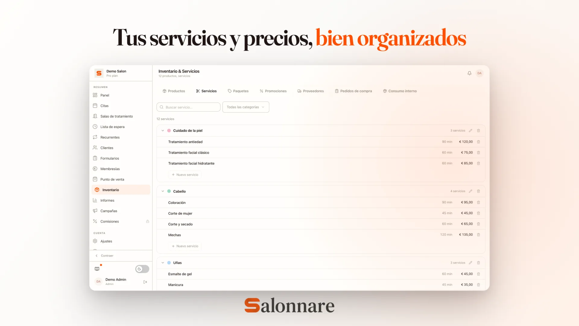 Servicios con precio y duración